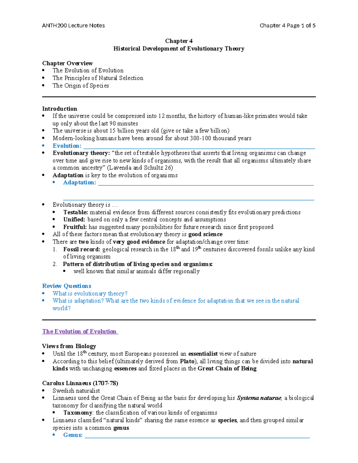 ANTH 200 Chapter 04 notes - Chapter 4 Historical Development of ...