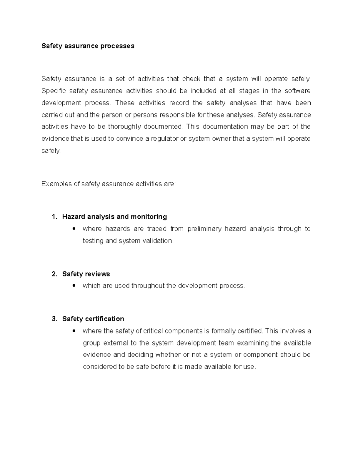 Safety assurance processes Safety assurance processes Safety