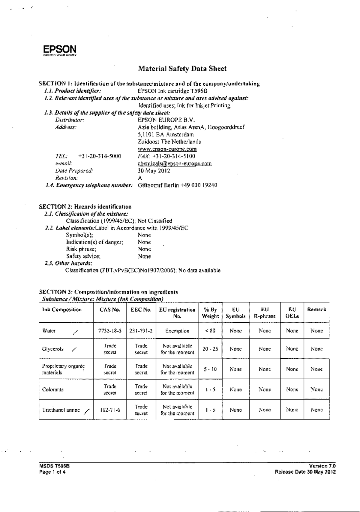 Epson Ink cartridge T596B EPSON exc VOUR VISION Material Safety Data Sheet Studocu