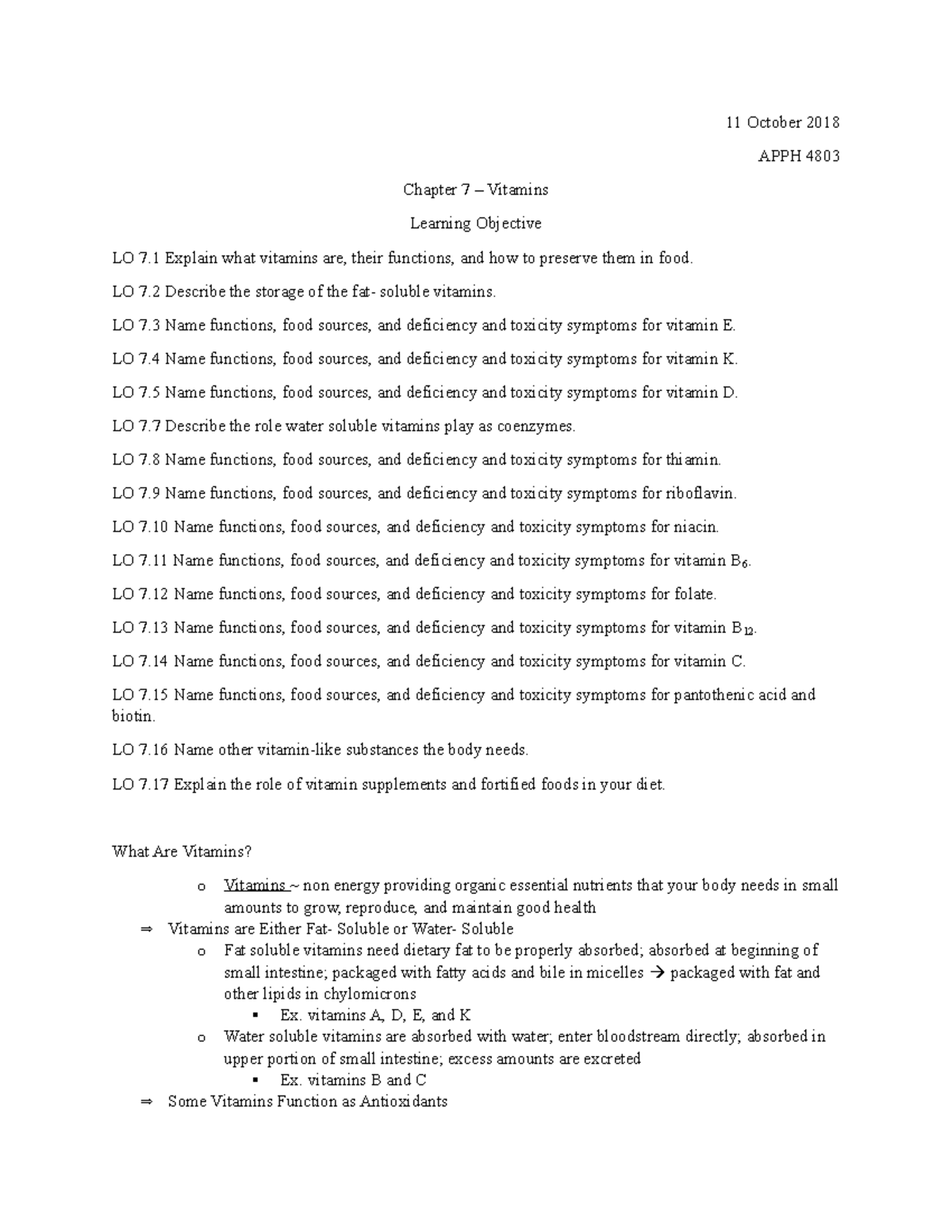 Chapter 7 Vitamins This reading summary was written using the text