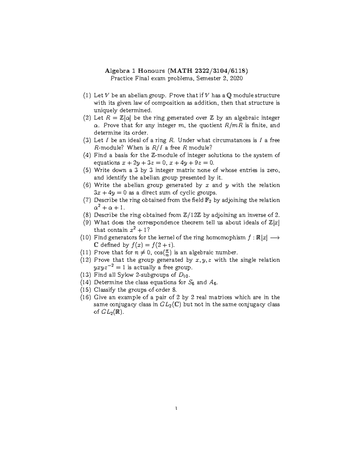 2020Practice final exam Algebra 1 Honours (MATH 2322/3104/6118