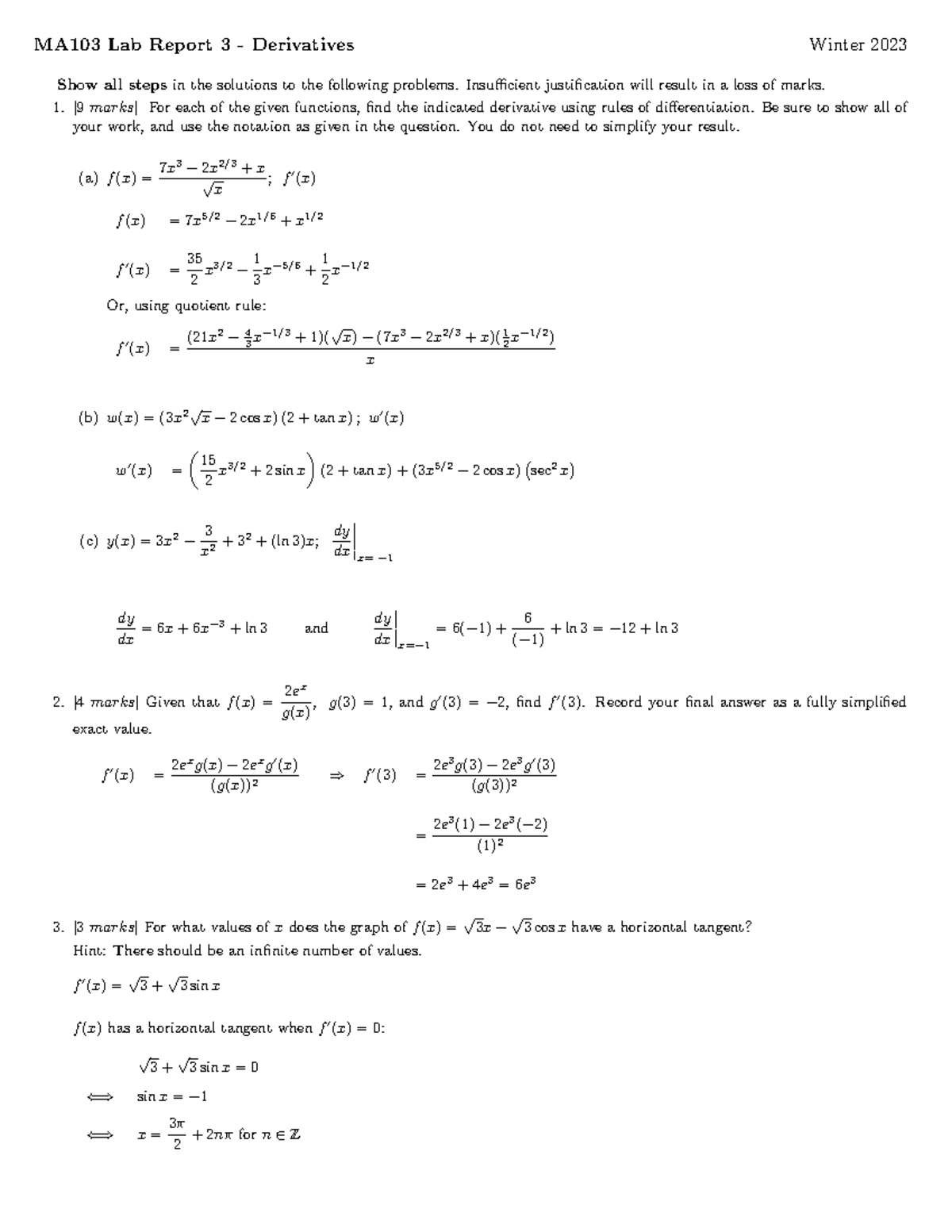 MA103 Lab 3 Solutions - MA103 Lab Report 3 - Derivatives Winter 2023 ...