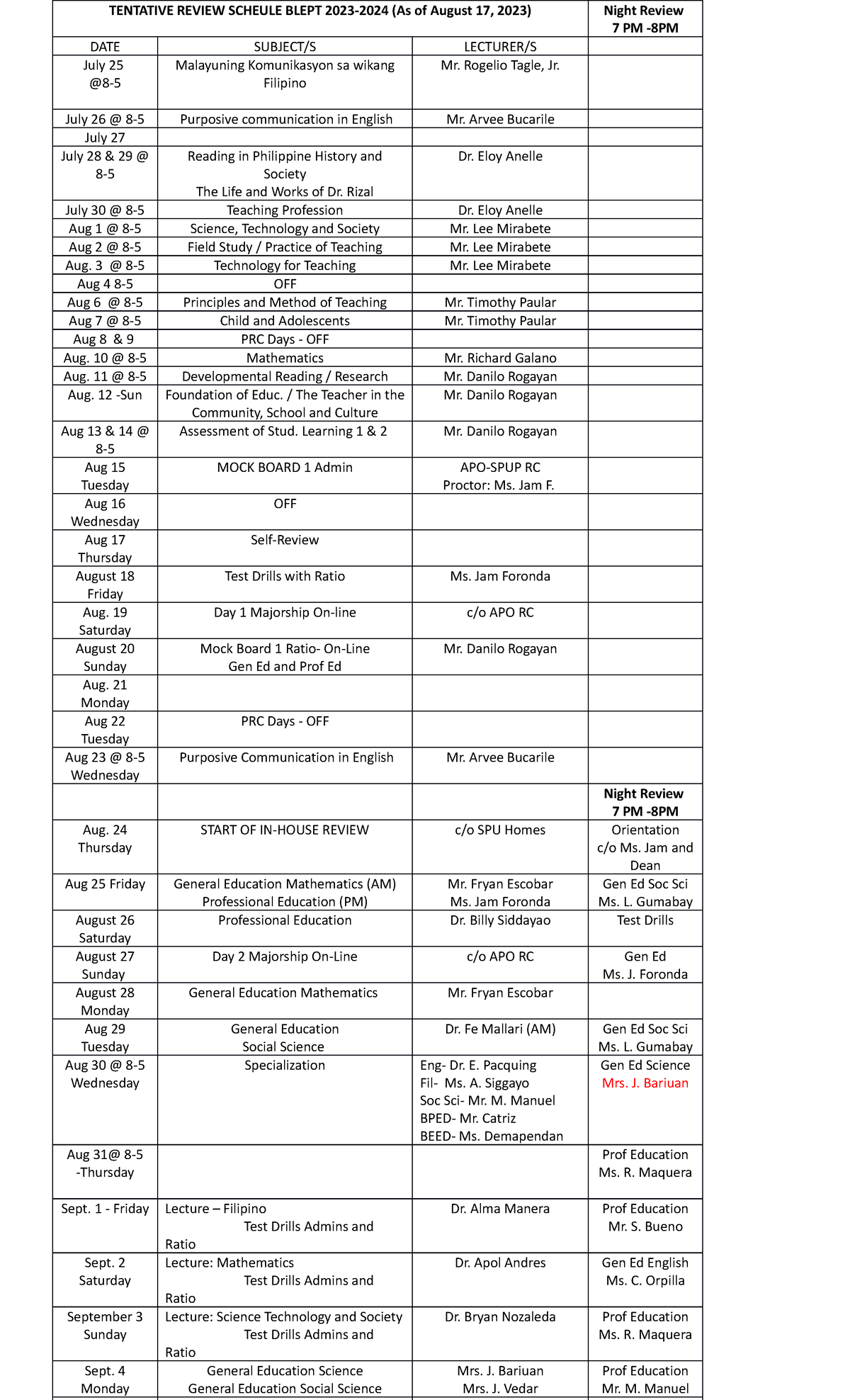 LET Review Schedule 2023 Aug 27 - TENTATIVE REVIEW SCHEULE BLEPT 2023 ...