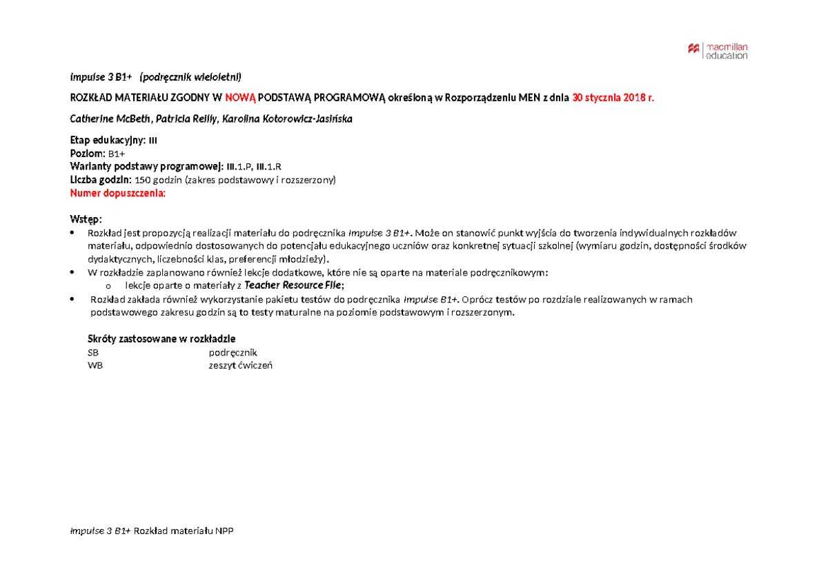Impulse 3 B1P 150h Rozklad Materialu - Impulse 3 B1+ (podręcznik ...