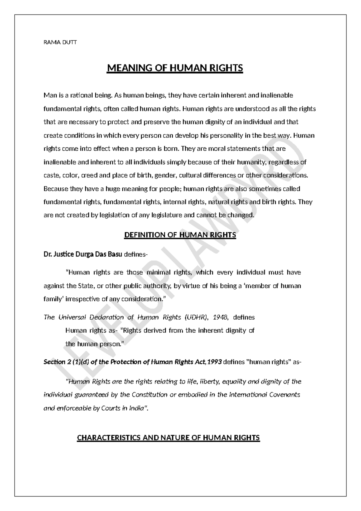 Notes Human Rights IV SEM - MEANING OF HUMAN RIGHTS Man is a rational ...