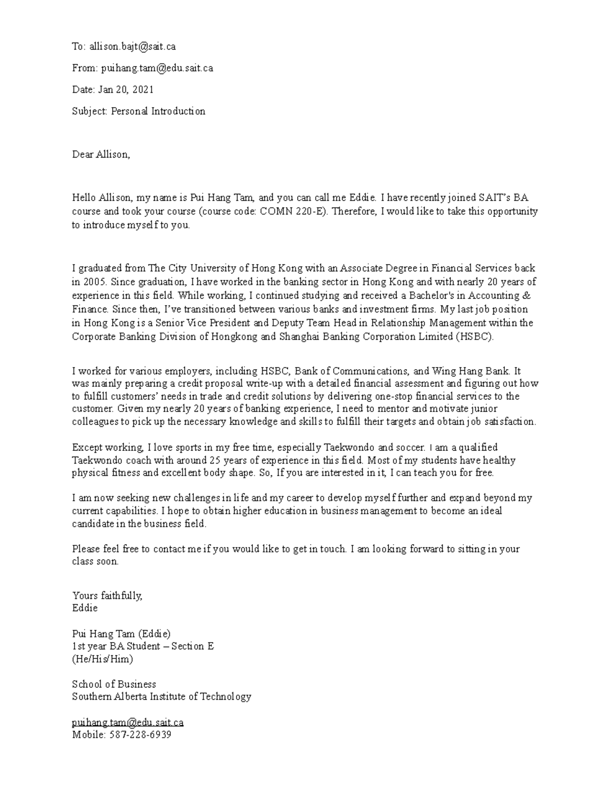COMN 220-E Assignment 1 - Introductory Email - To: allison@sait From ...