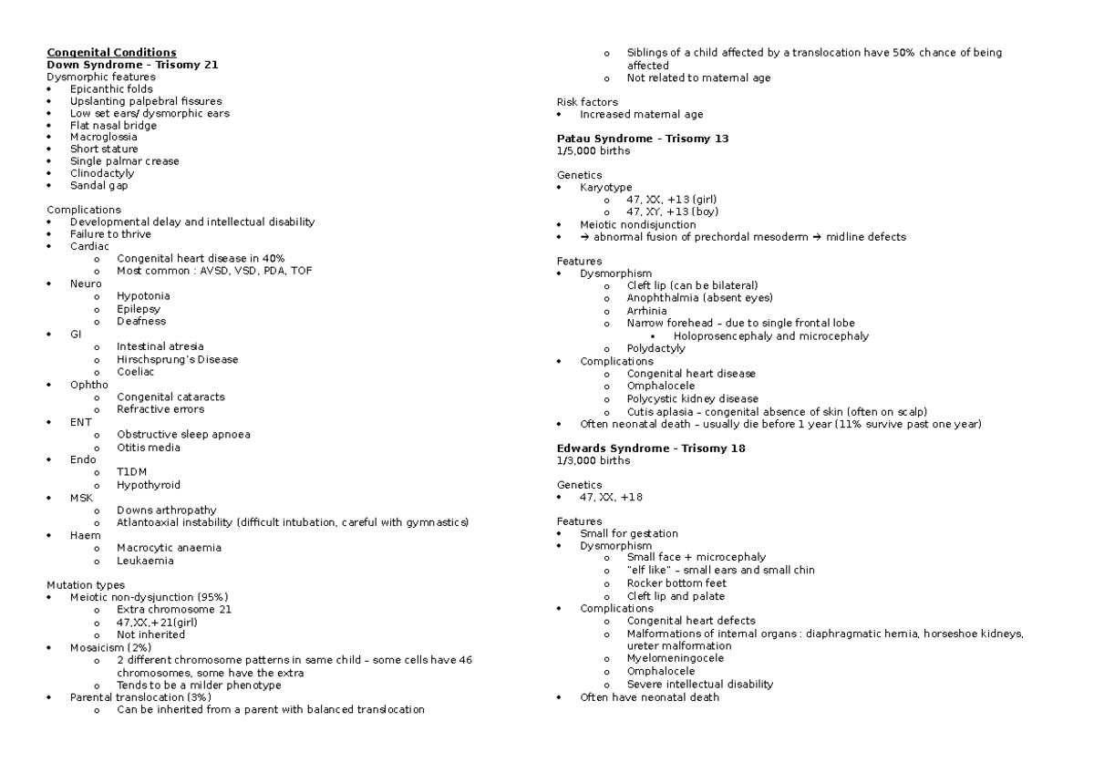Congenital Conditions Congenital Conditions Down Syndrome Trisomy
