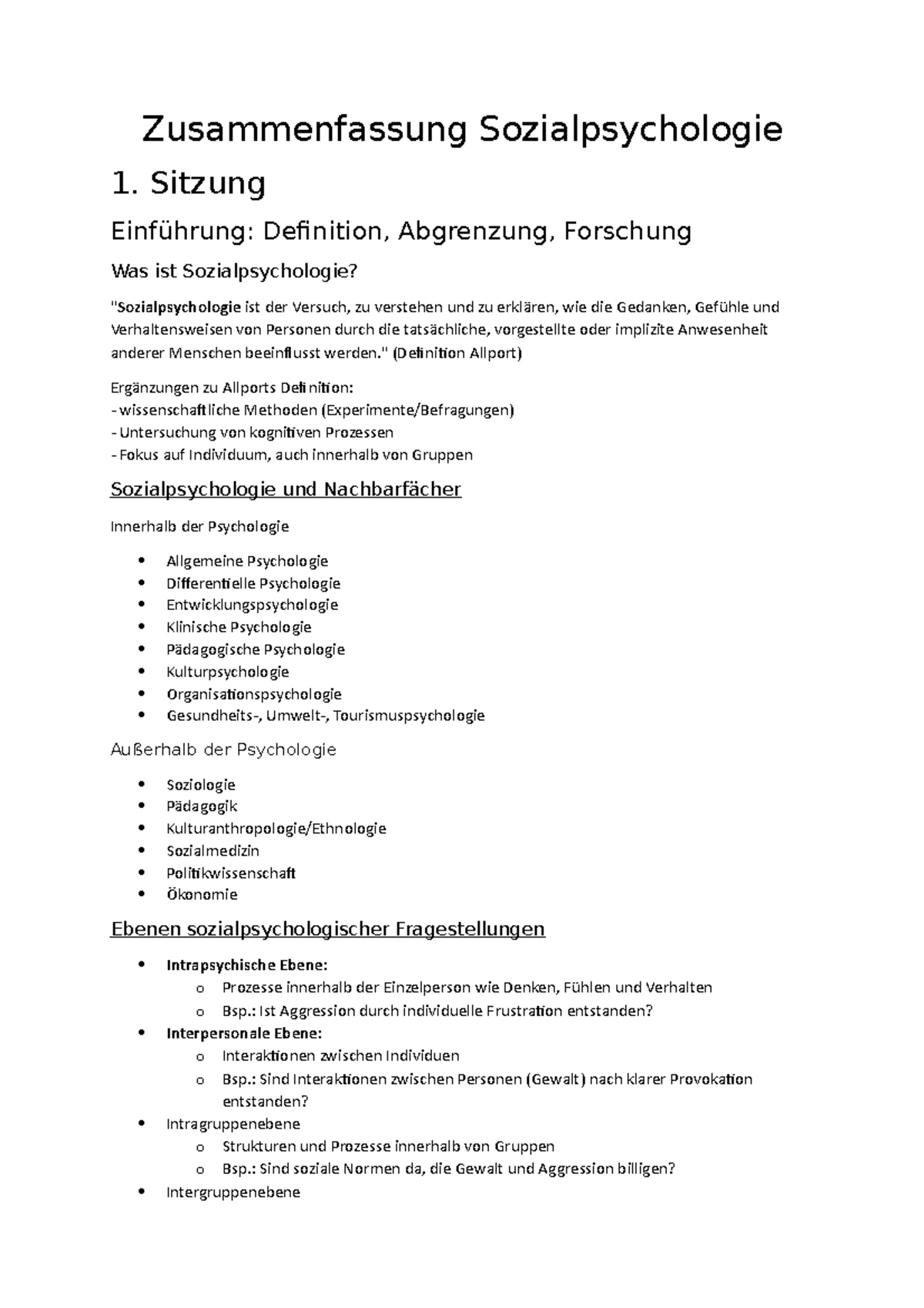 Zusammenfassung Sozialpsychologie - Sitzung Einführung: Definition ...