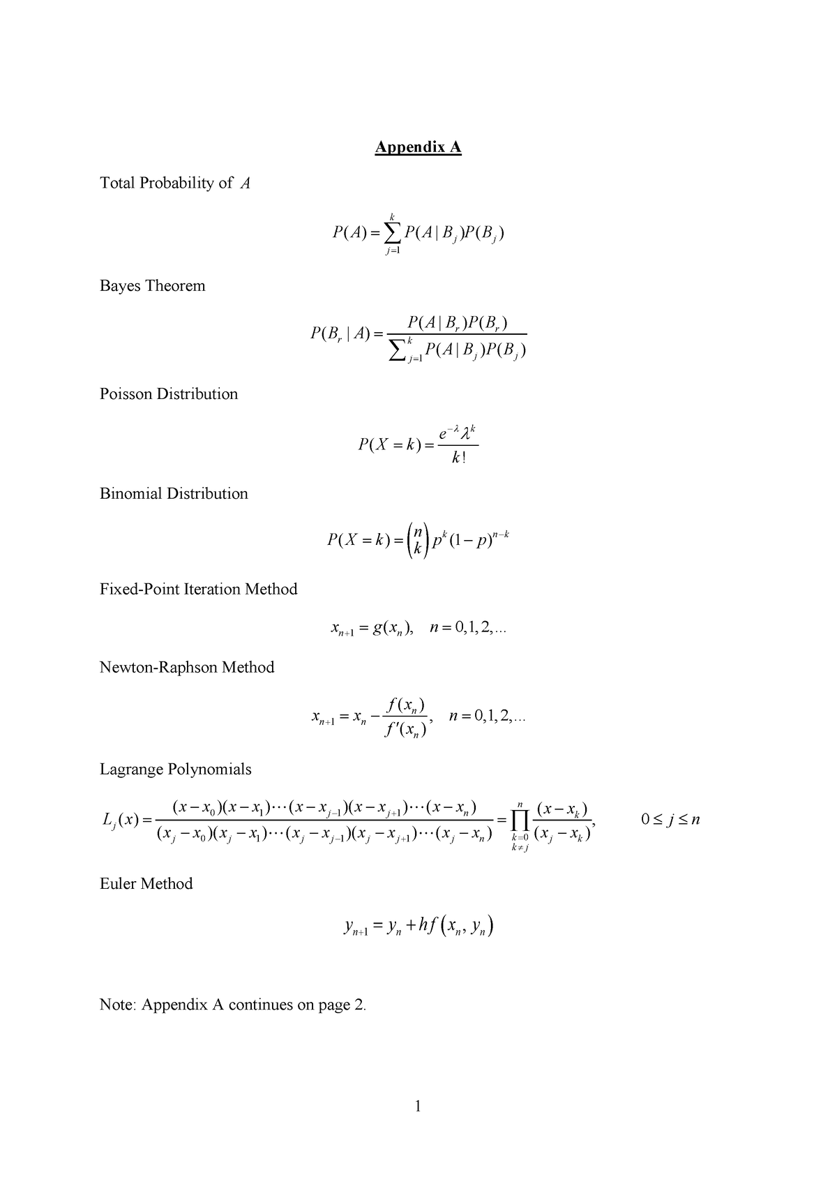 EE2006 Formula List For Exams - Appendix A Total Probability Of A 1 ...