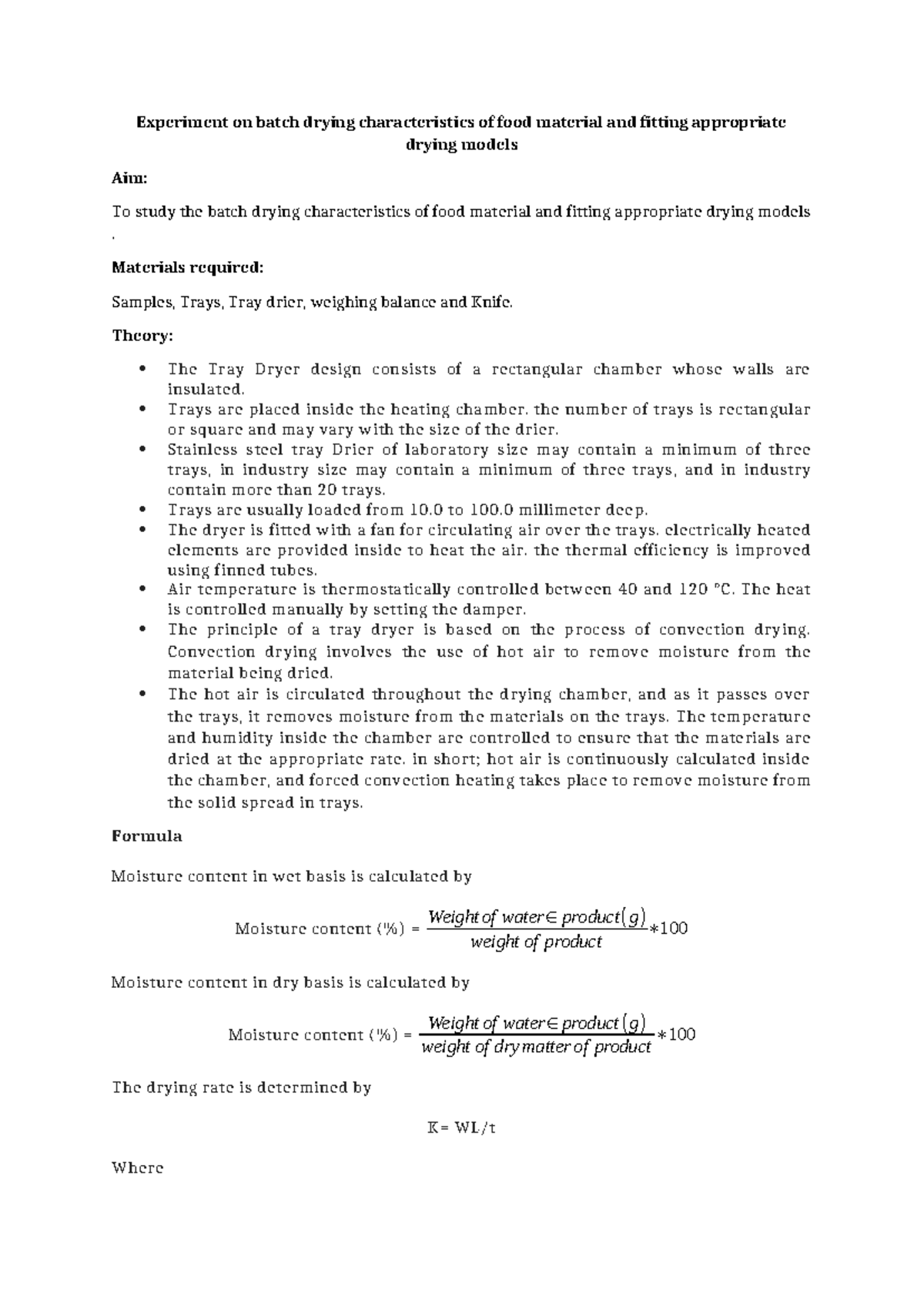 Fpp maual new - NEW FPP LAB MANUAL - Experiment on batch drying ...