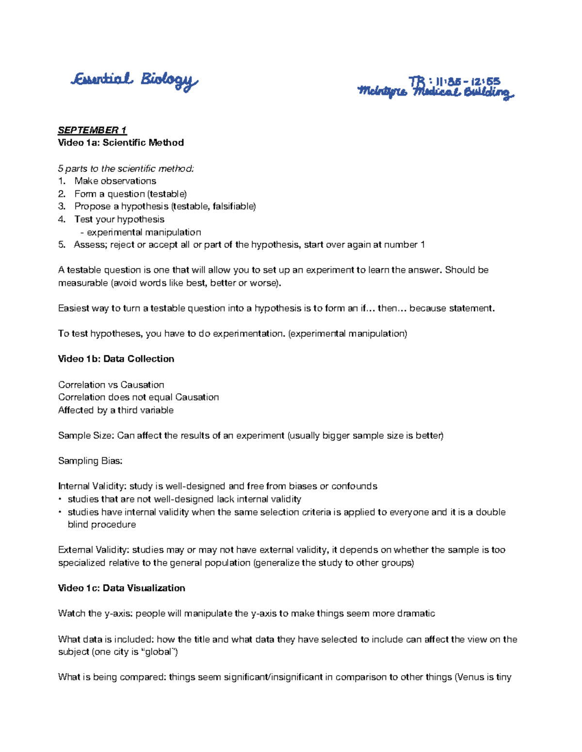 Bio Notes - SEPTEMBER 1 Video 1a: Scientific Method 5 parts to the ...