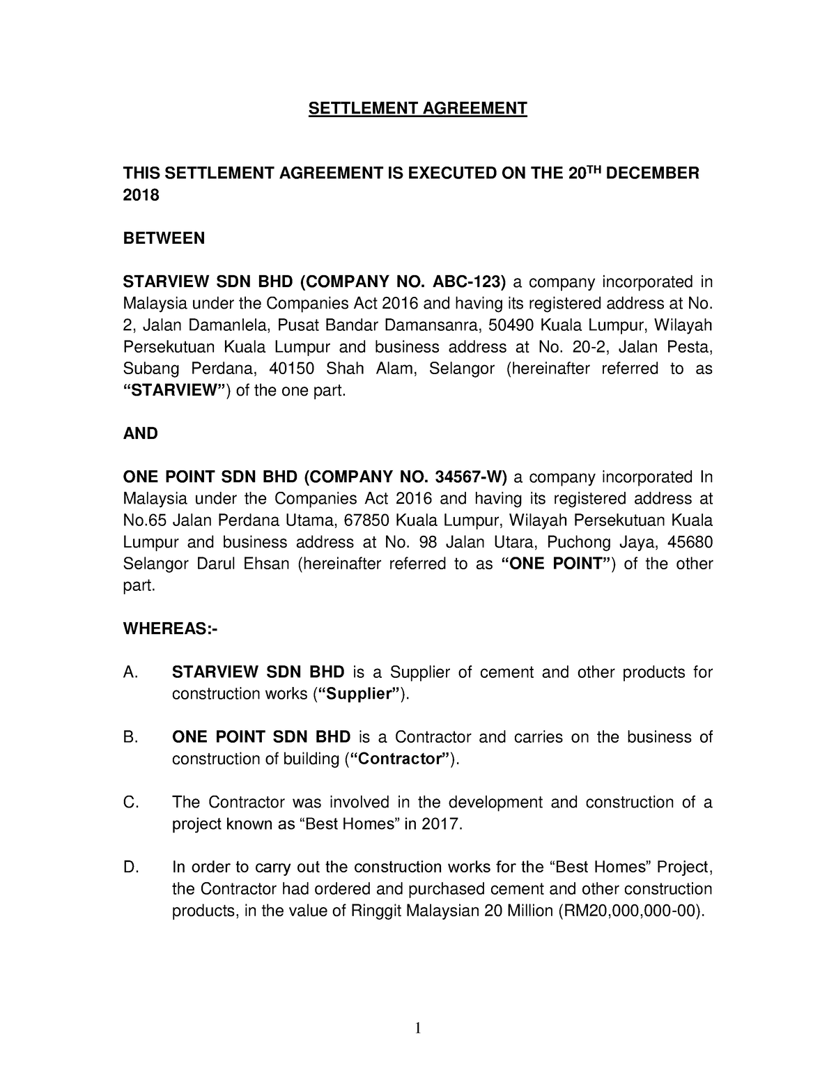 Sample of Settlement Agreement I - SETTLEMENT AGREEMENT THIS SETTLEMENT ...