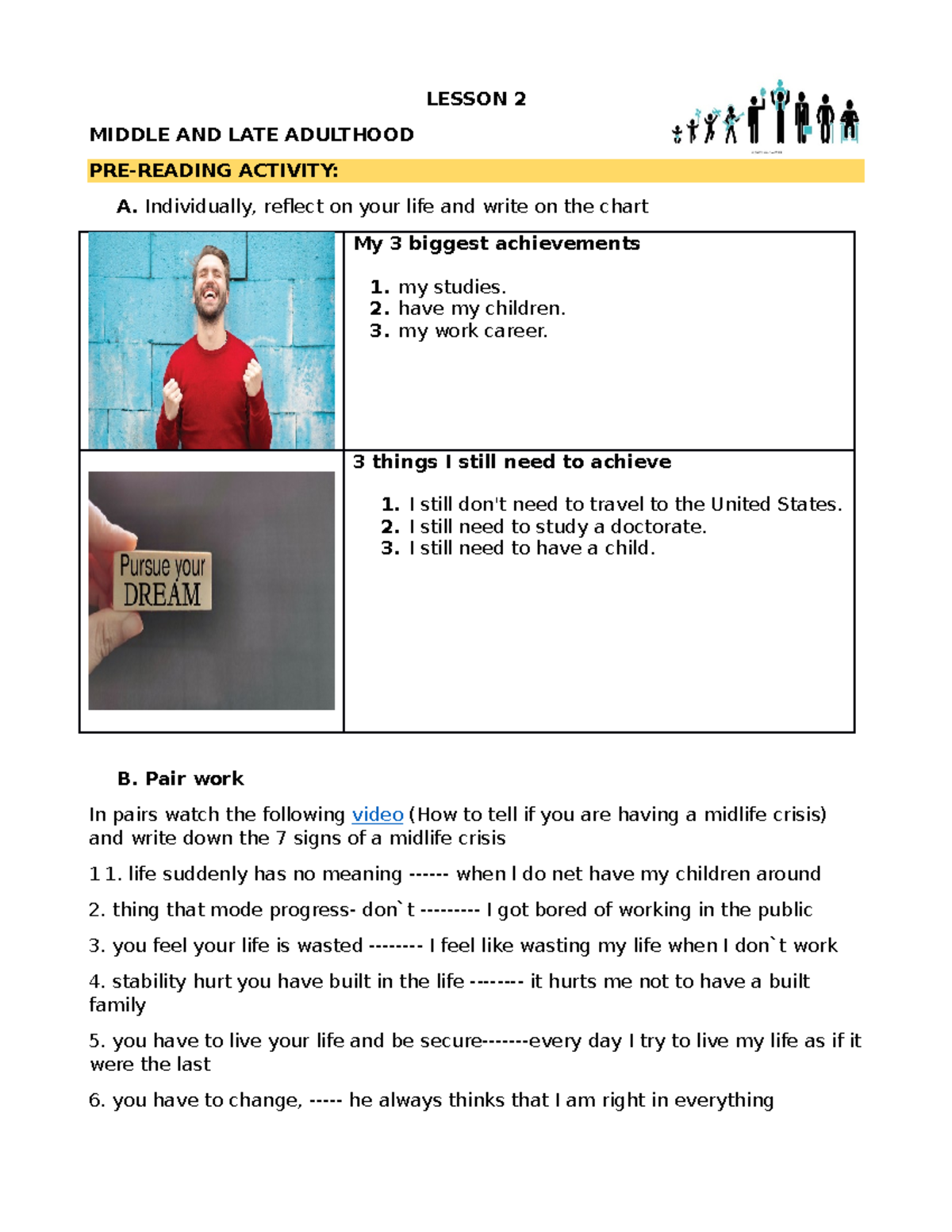 5S Worksheet 3B Adulthood - LESSON 2 MIDDLE AND LATE ADULTHOOD PRE ...