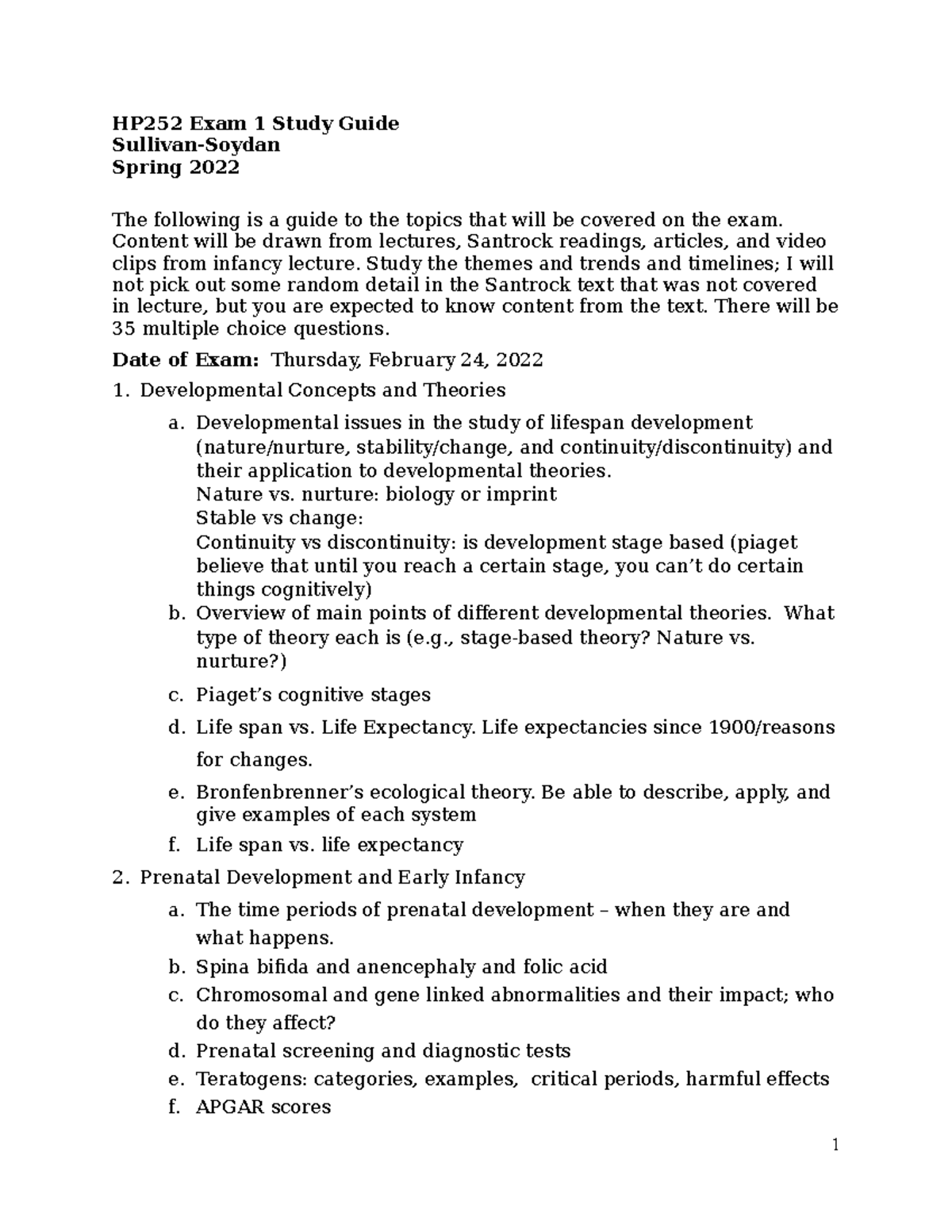 Exam 1 Study guide spring 2022 - HP252 Exam 1 Study Guide Sullivan ...