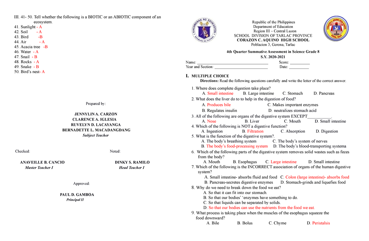 Science 8 4th quarter exam with answerkey III. 41 50. Tell whether