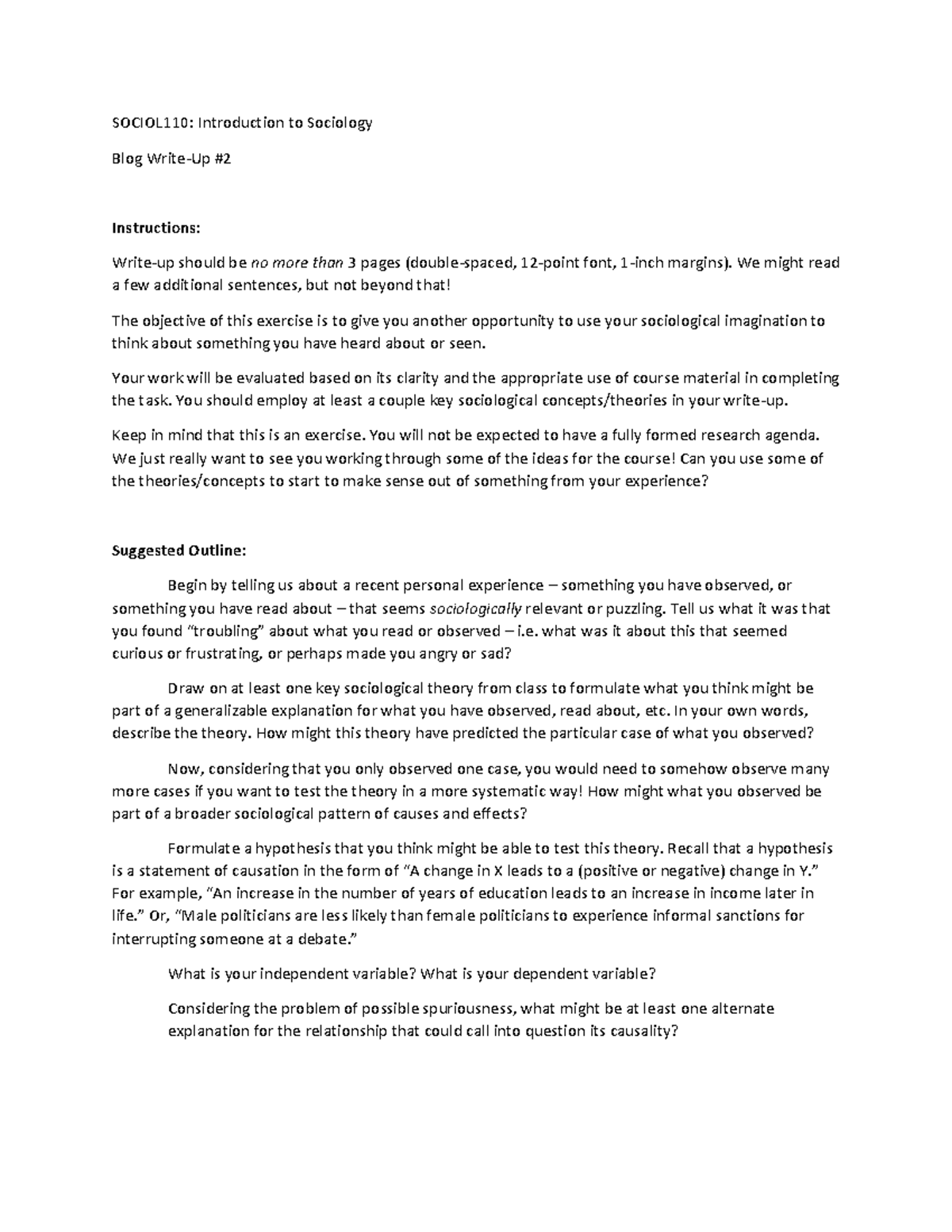 Blog2 Prompt - blog, a great assignment. - SOCIOL110: Introduction to ...