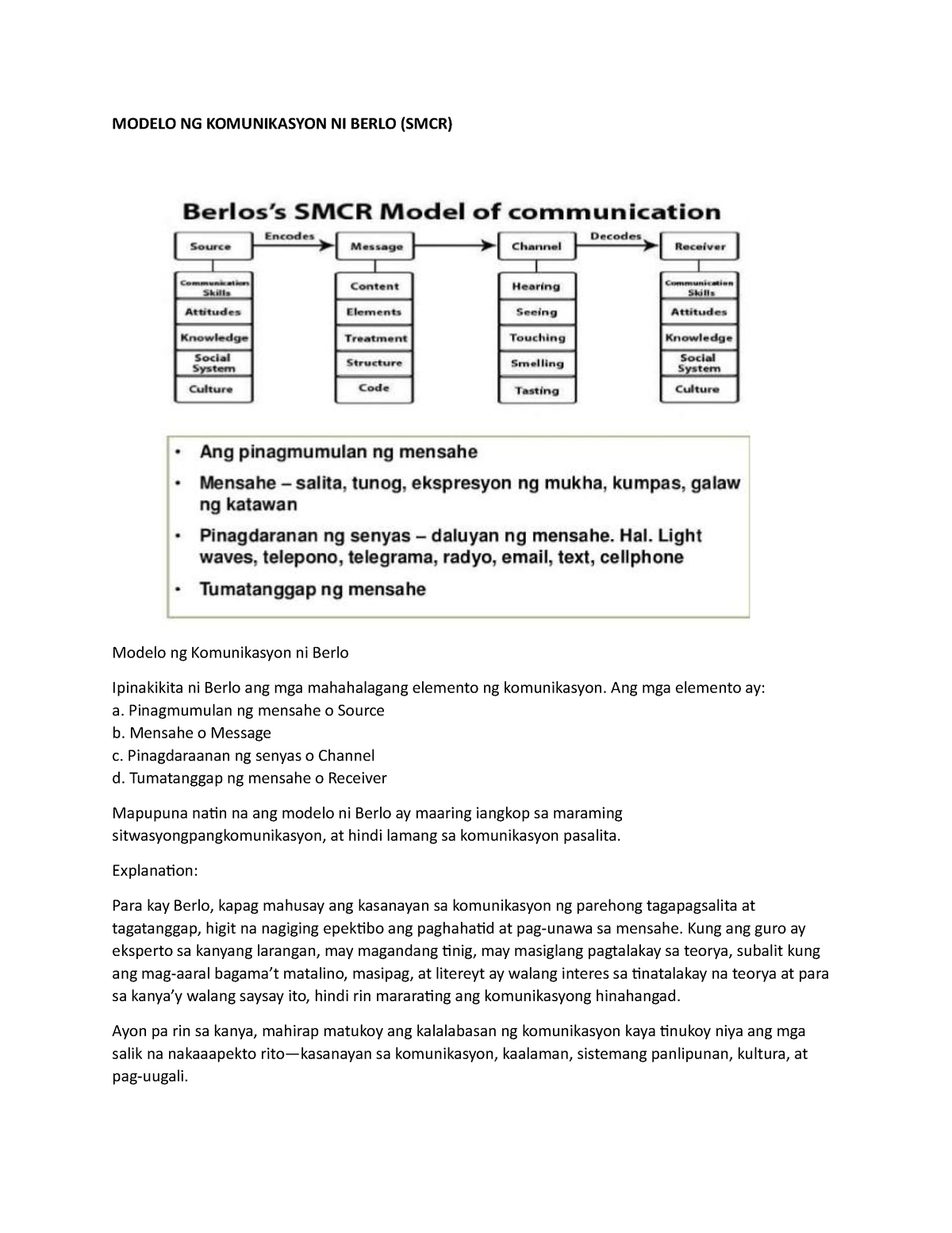 Modelo ng Komunikasyon ni Berlo (SMCR) | With explanation - MODELO NG  KOMUNIKASYON NI BERLO (SMCR) - Studocu