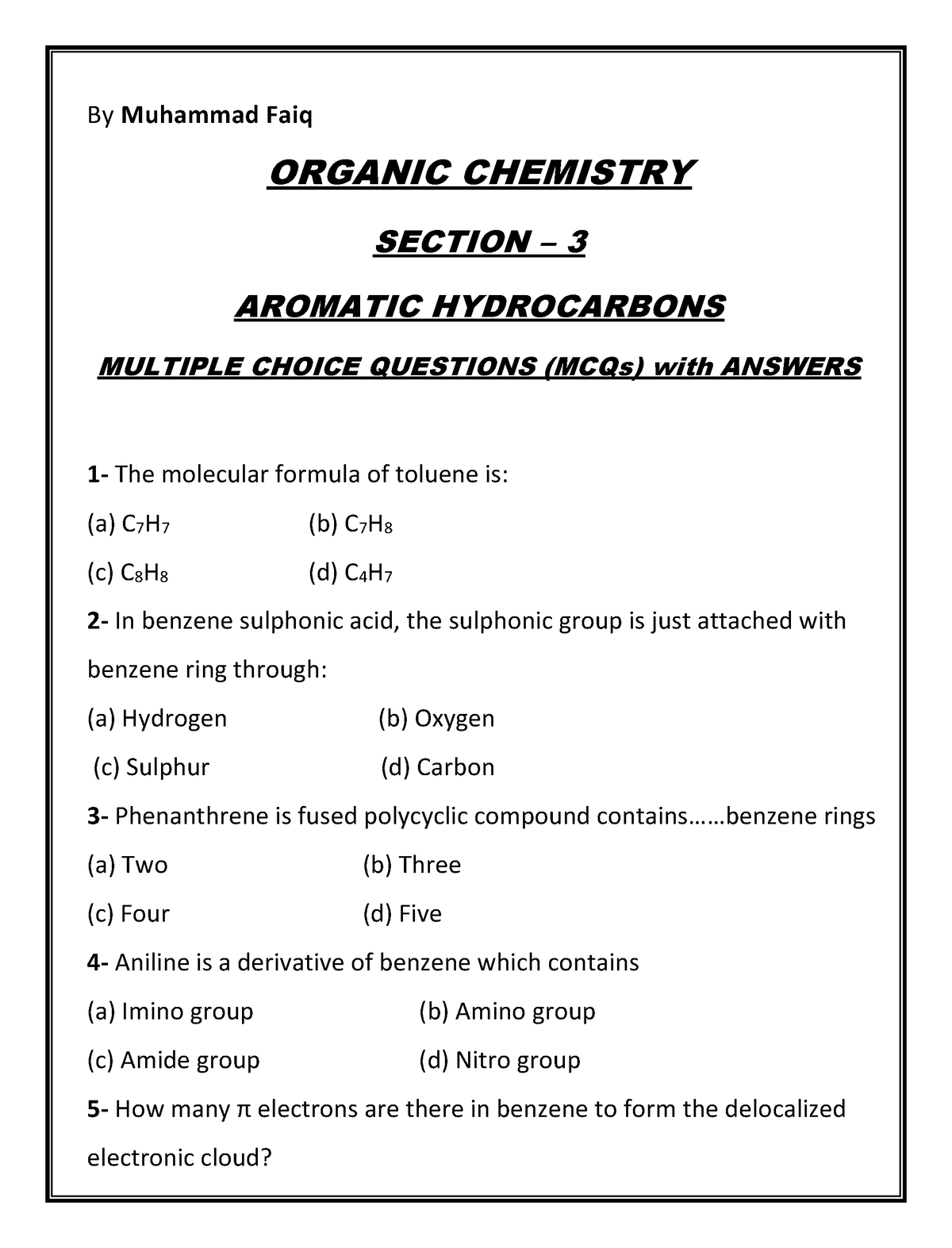 Organic Chemistry Aromatic Hydrocarbons Practice MCQs - By Muhammad ...