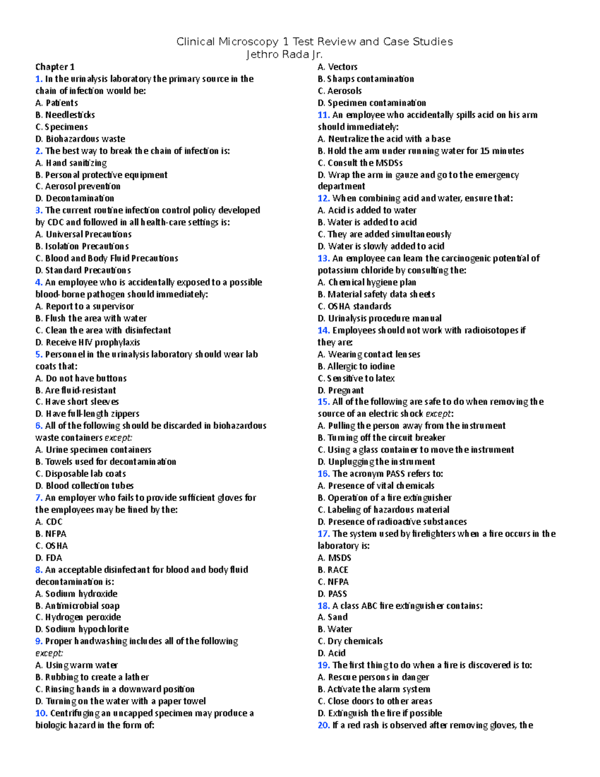 Urinalysis Test Questions Reviewer Clinical Microscopy 1 Test Review