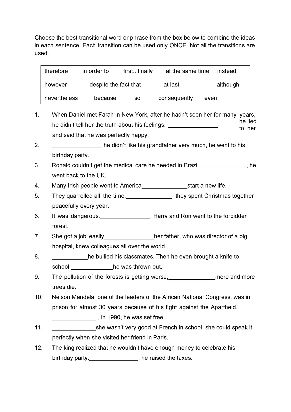 Transitions - Sentences for english language - Choose the best ...