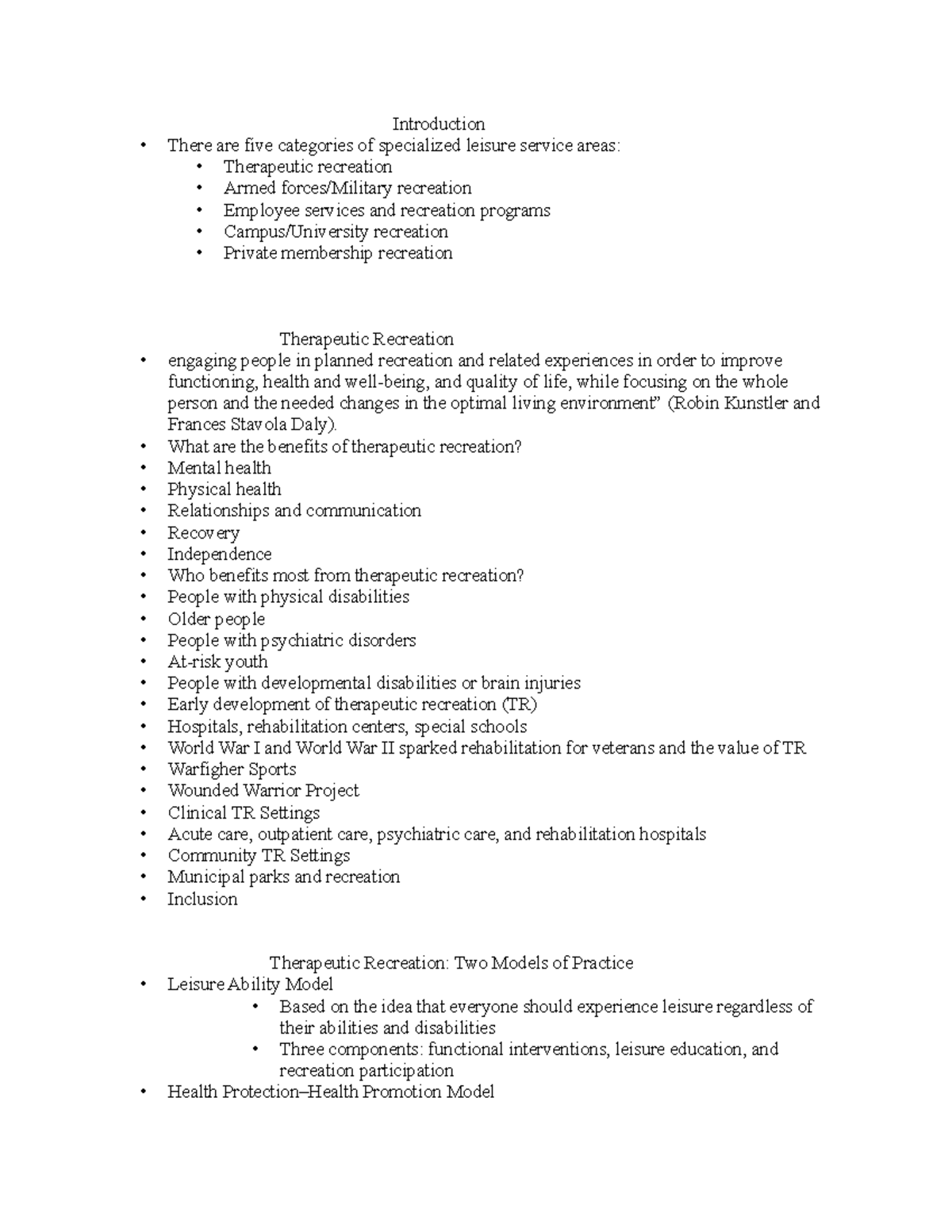 RSM 242 Specialized Leisure Service Areas Introduction There are five