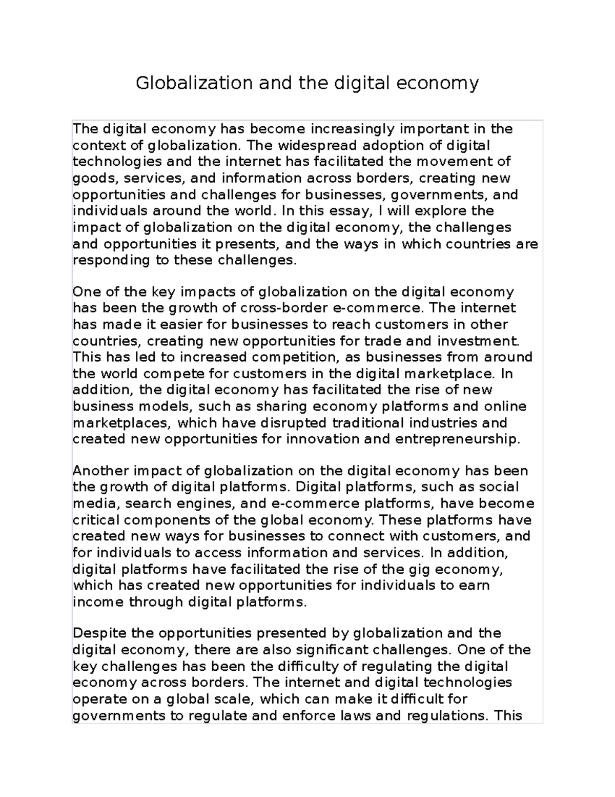 Globalization and the digital economy The widespread adoption of