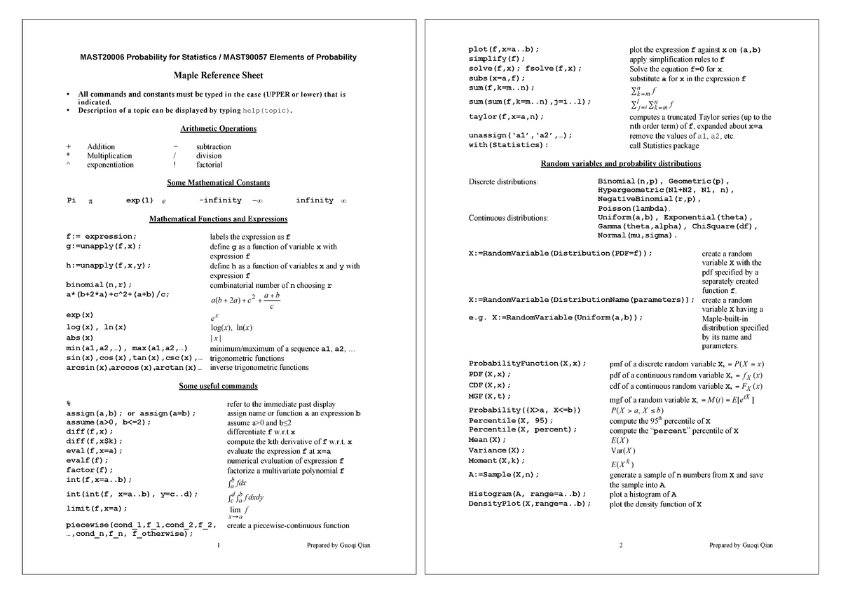Maple Reference Sheet Prepared By Guoqi Qian Mast20006 Probability For Statistics Mast90057 Elements Of Probability Maple Reference Sheet All Commands And Studocu