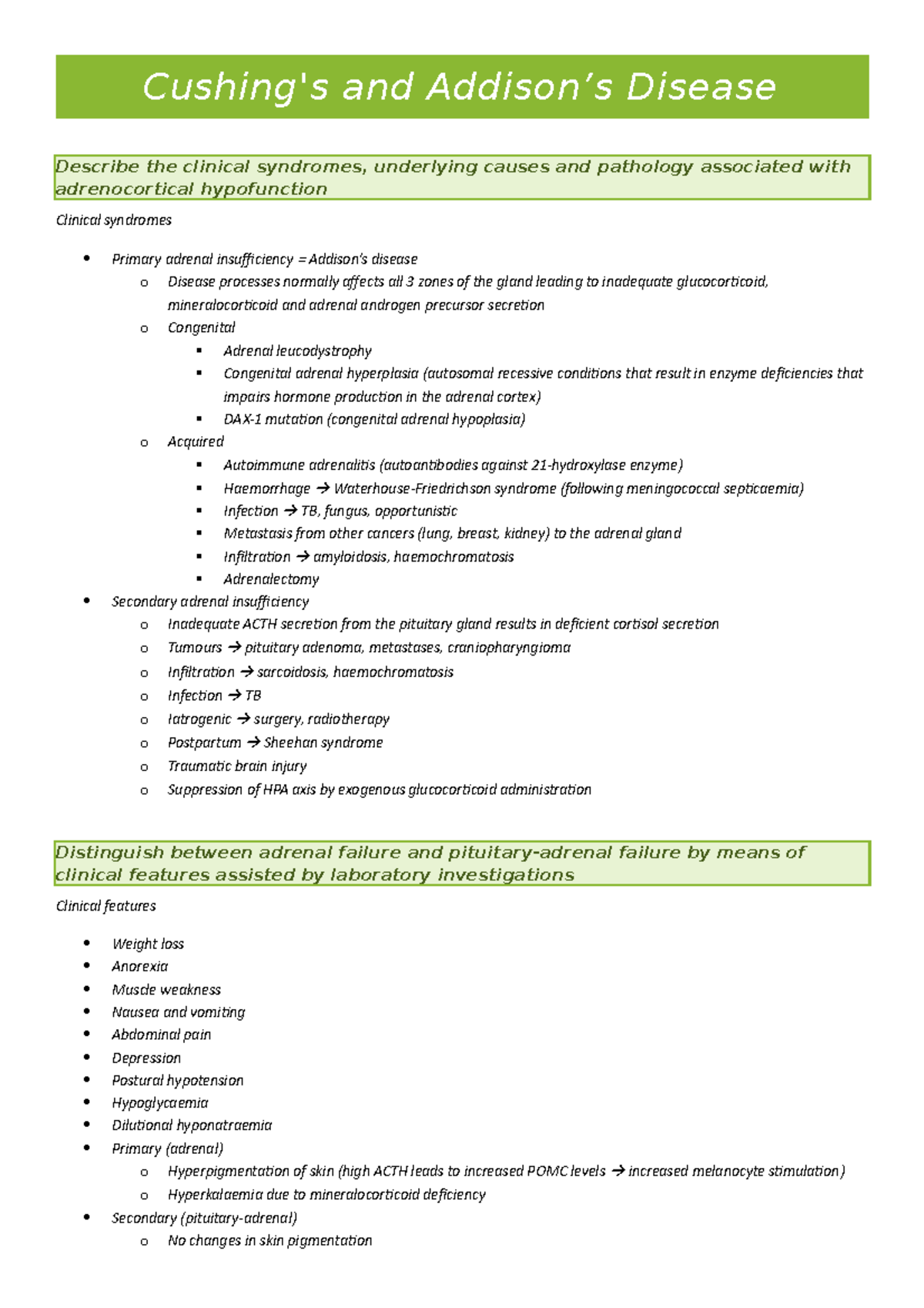 Cushing's and Addison's disease and Disease Describe the clinical