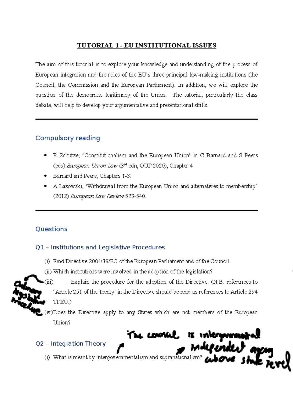 Tutorial 1 - TUTORIAL 1 - EU INSTITUTIONAL ISSUES The aim of this ...