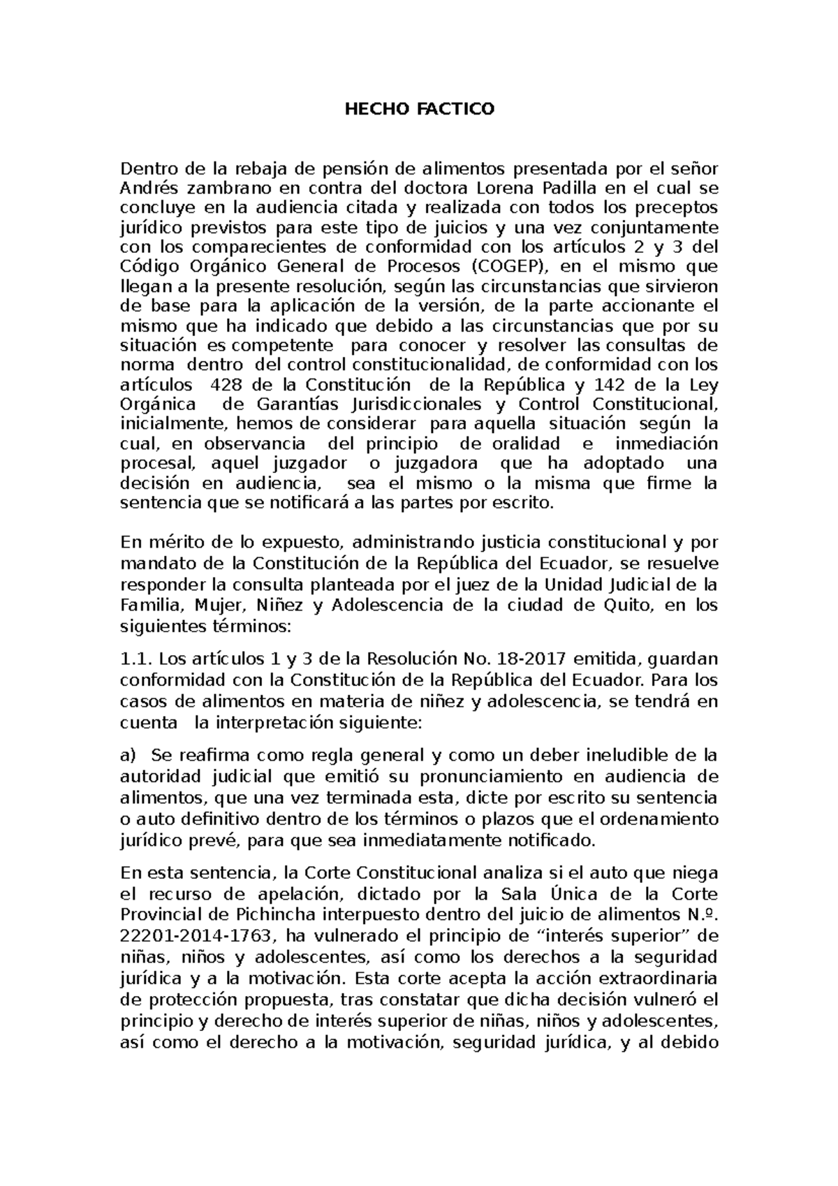 Hecho Factico - HECHO FACTICO Dentro de la rebaja de pensión de ...