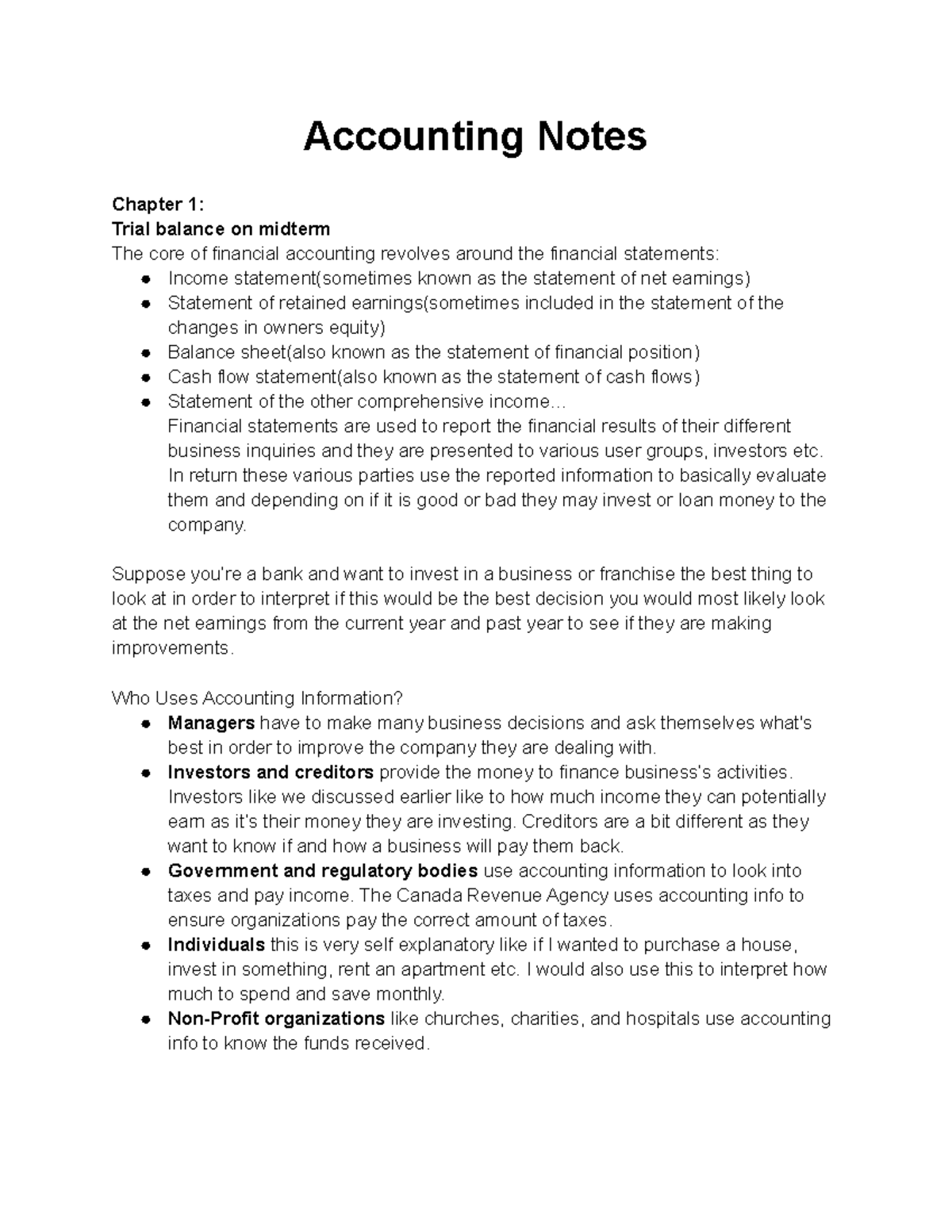 Accounting Notes - Accounting Notes Chapter 1: Trial balance on midterm ...