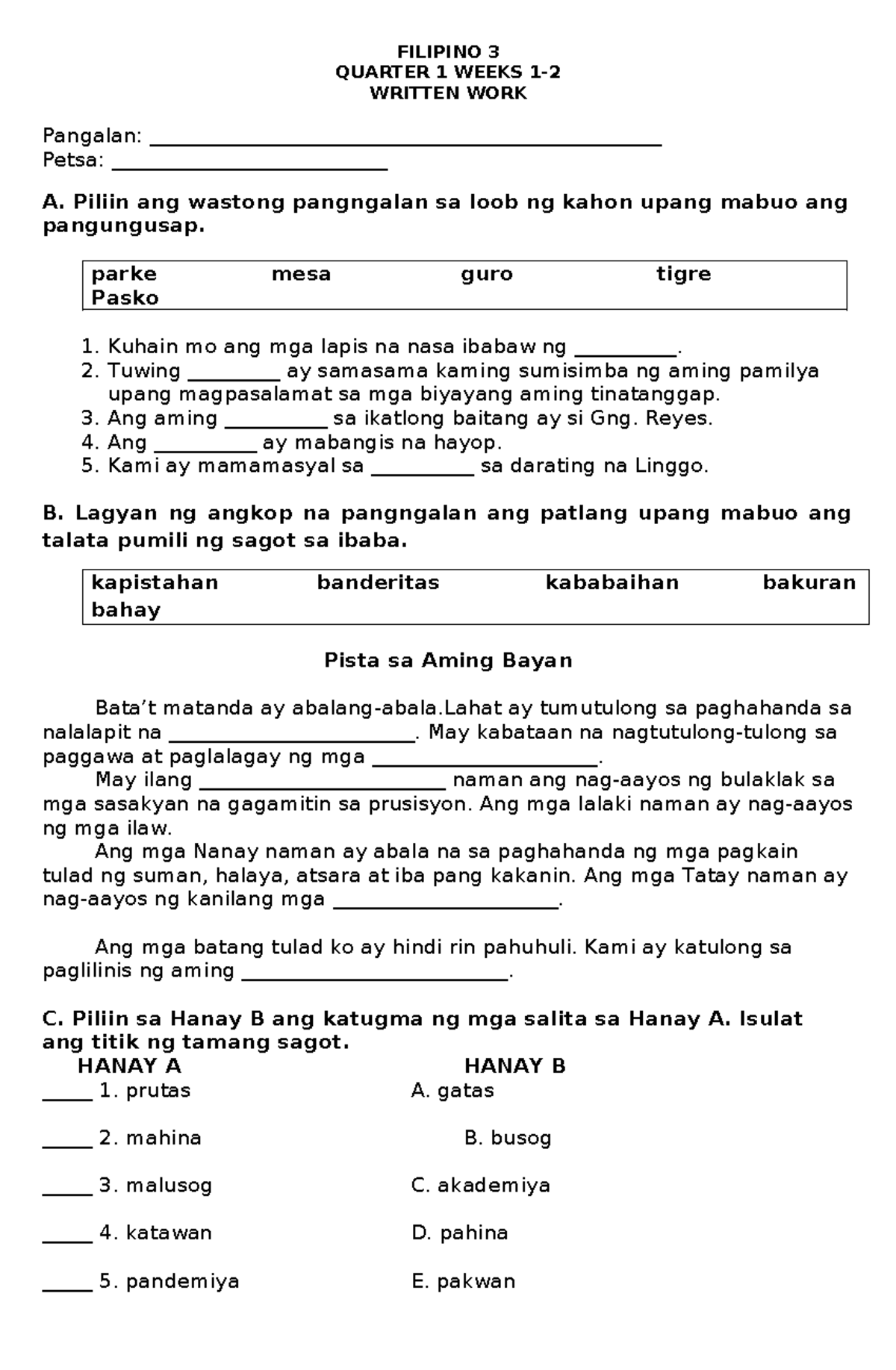 Q1 ST1 FIL 2024 2025 Quizzes and lesson plans FILIPINO 3 QUARTER 1