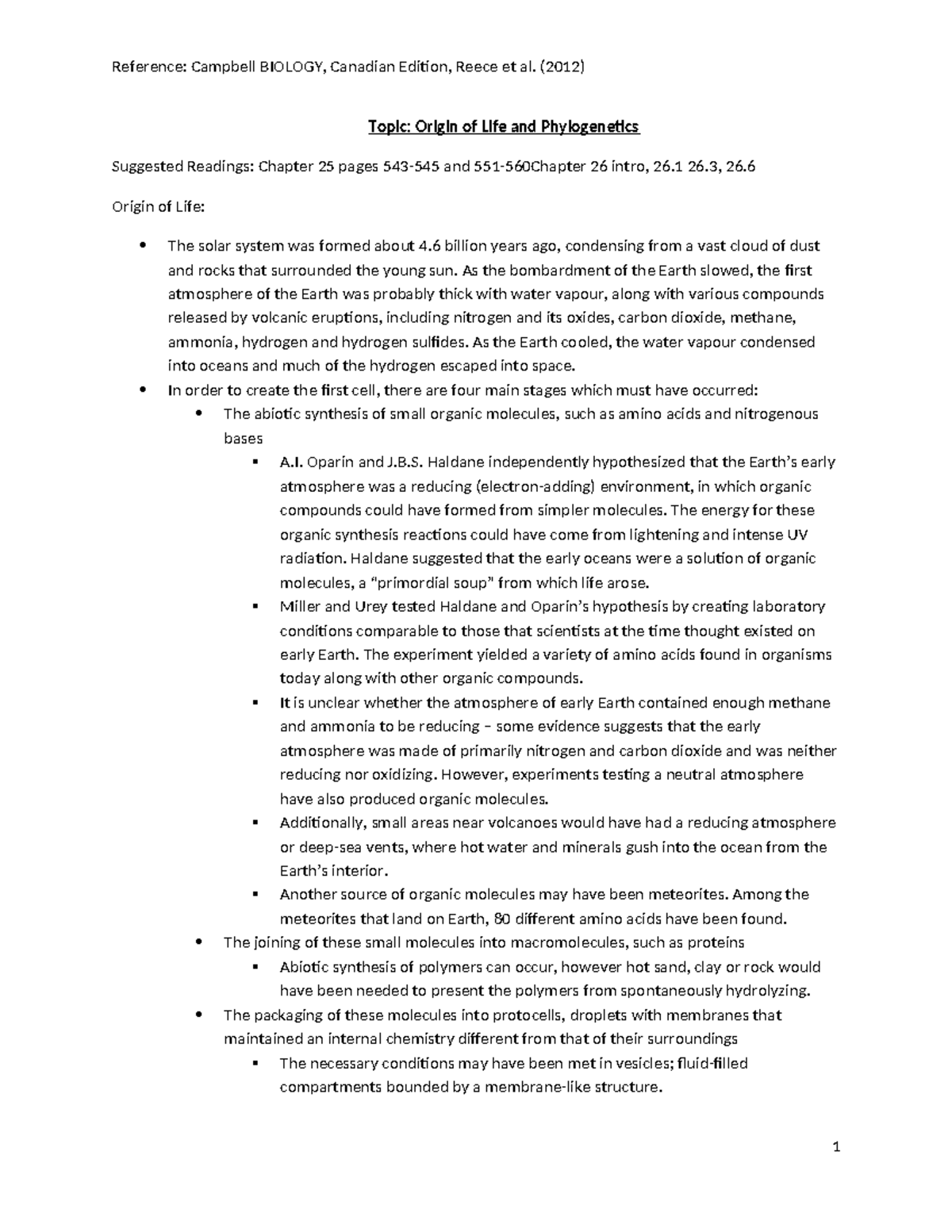 12 - notes - Topic: Origin of Life and Phylogenetics Suggested Readings ...