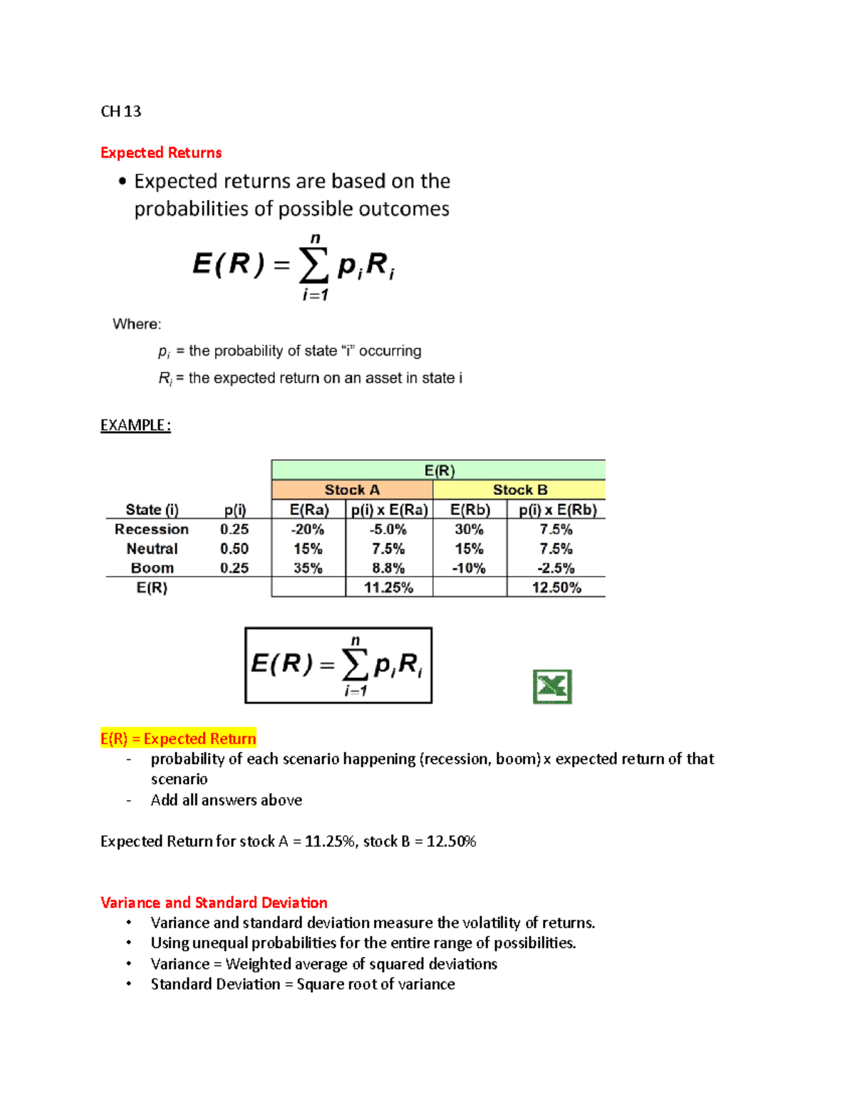 CH 13 - Lecture Notes 13 - CH 13 Expected Returns EXAMPLE: E(R ...