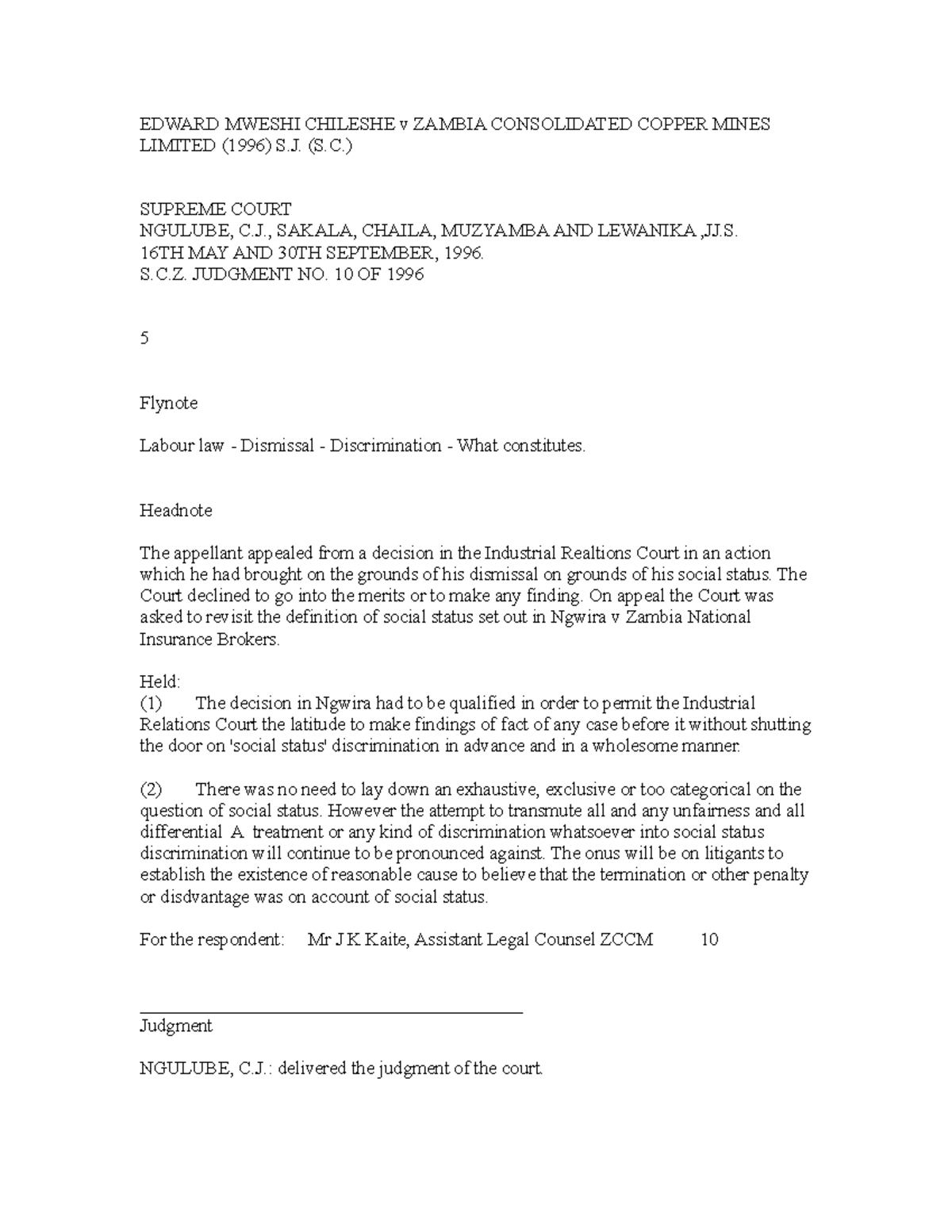 Edward Mweshi Chileshe v Zambia Consolidated Copper Mines LI - EDWARD ...