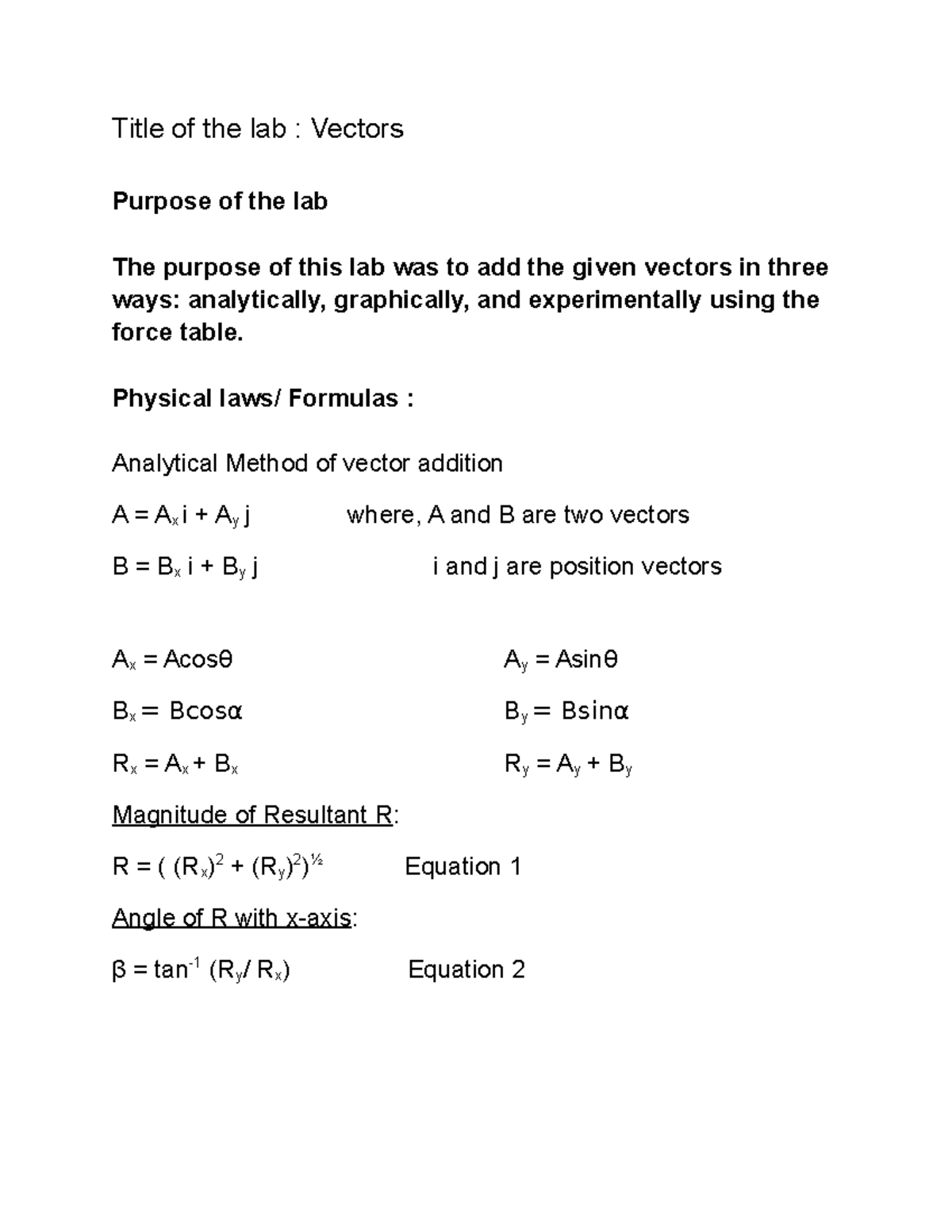 Vectors lab report - Title of the lab : Vectors Purpose of the lab The ...