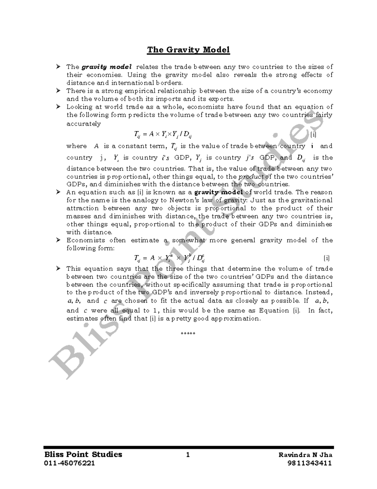 THE Gravity Model - Notes - Bliss Point Studies 1 Ravindra N Jha 011 ...