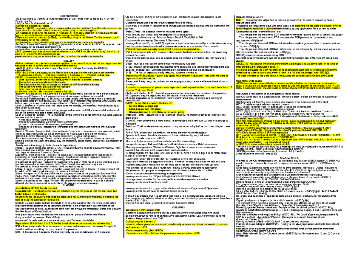 Famliy law notes - Summary Family Law - JURISDICTION If a proceeding ...