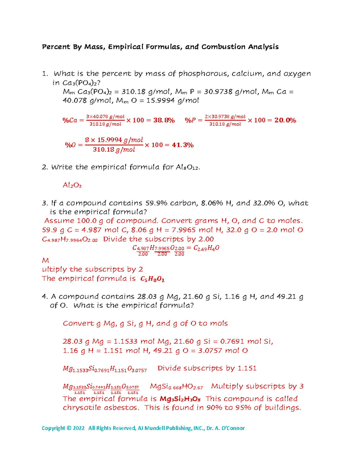 Percentby Mass Emprical Formula And Combustion Analysis Answer Key ...