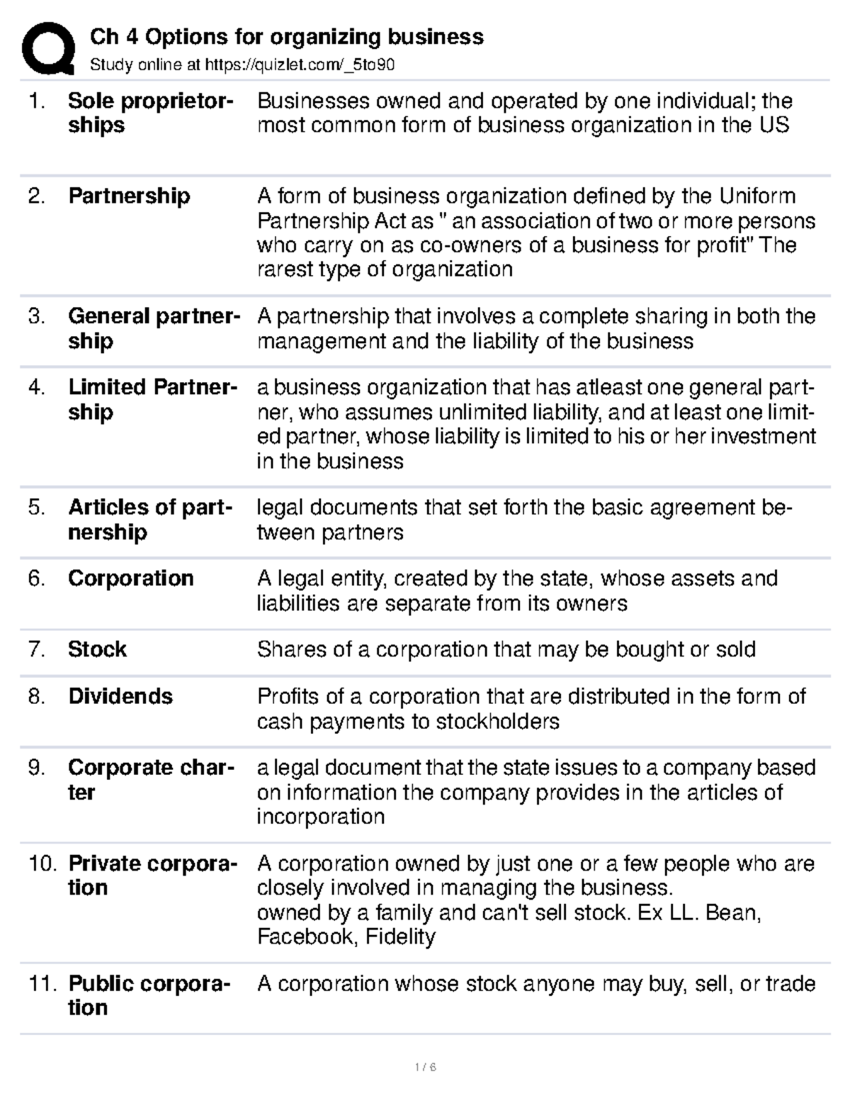 Ch 4 Notes Study online at quizlet/_5to Sole proprietor ships