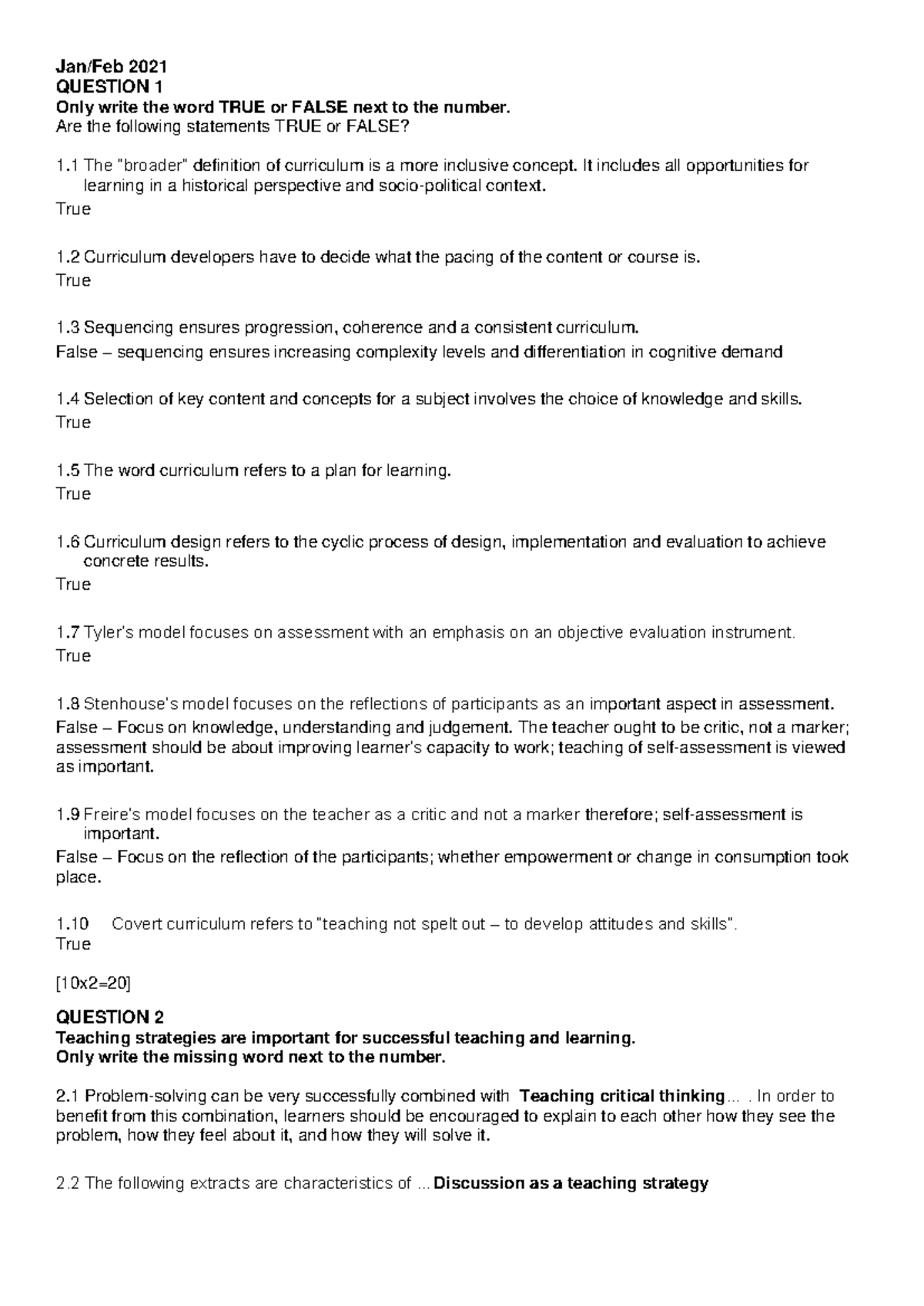 CUS Jan.feb 2021 memo - Memo - Jan/Feb 2021 QUESTION 1 Only write the ...