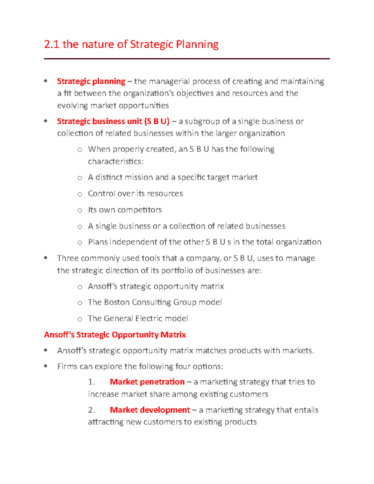 Marketing Chapter 2 Notes - 2 The Nature Of Strategic Planning ...