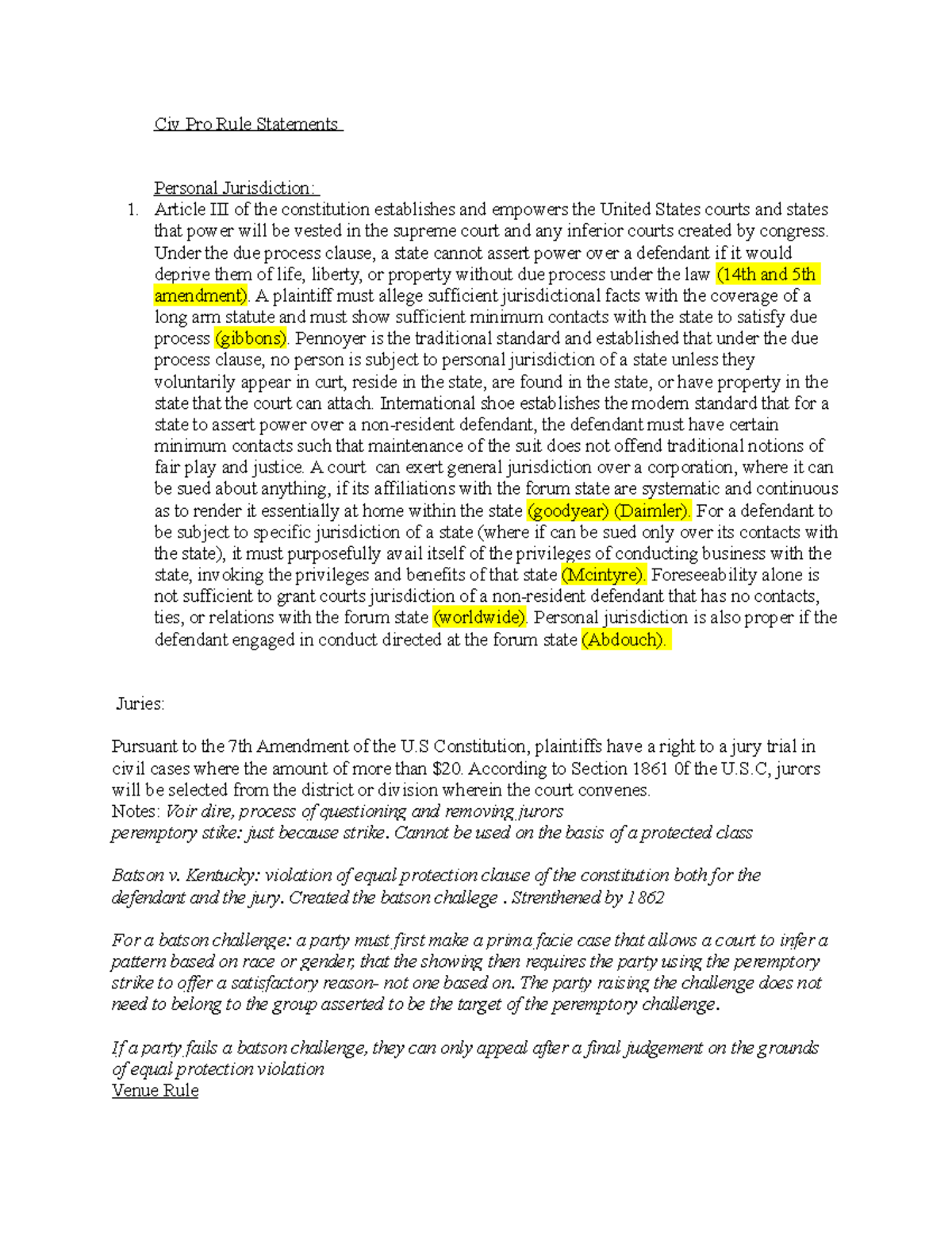 Civ Pro Rule Statements And Outline Civ Pro Rule Statements Personal 