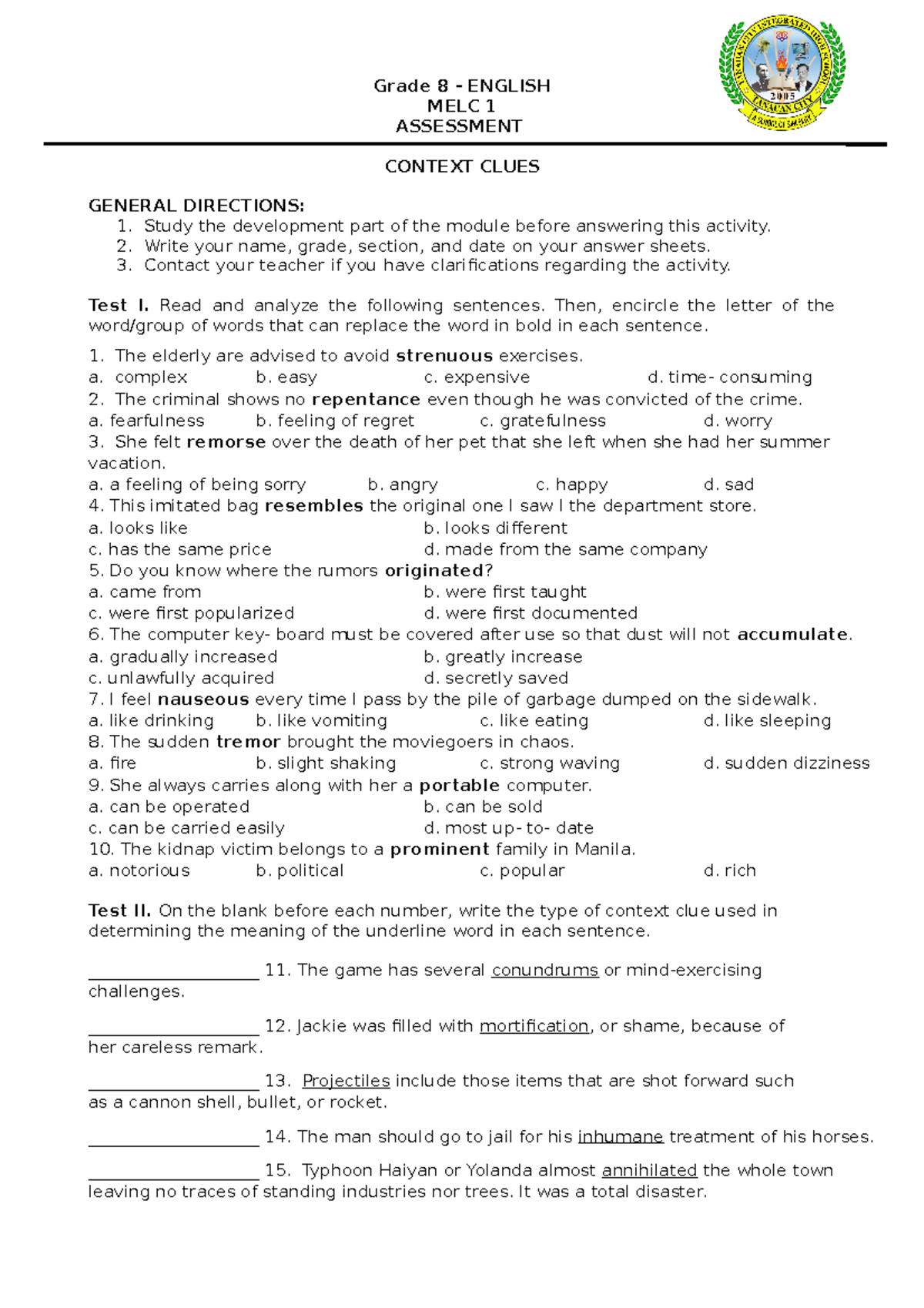 Q1MELC1-Assessment English 8 - Grade 8 - ENGLISH MELC 1 ASSESSMENT ...