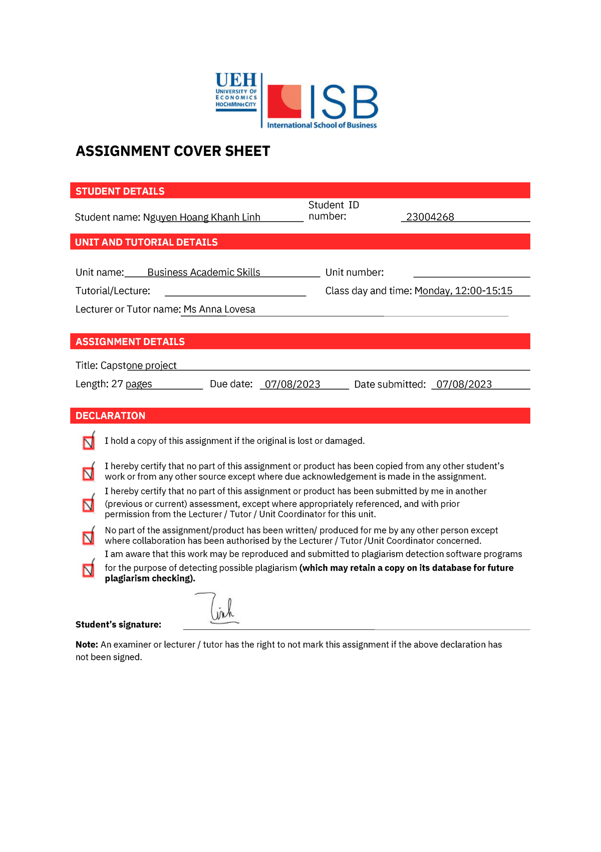 Capstone Project - ASSIGNMENT COVER SHEET STUDENT DETAILS Title ...