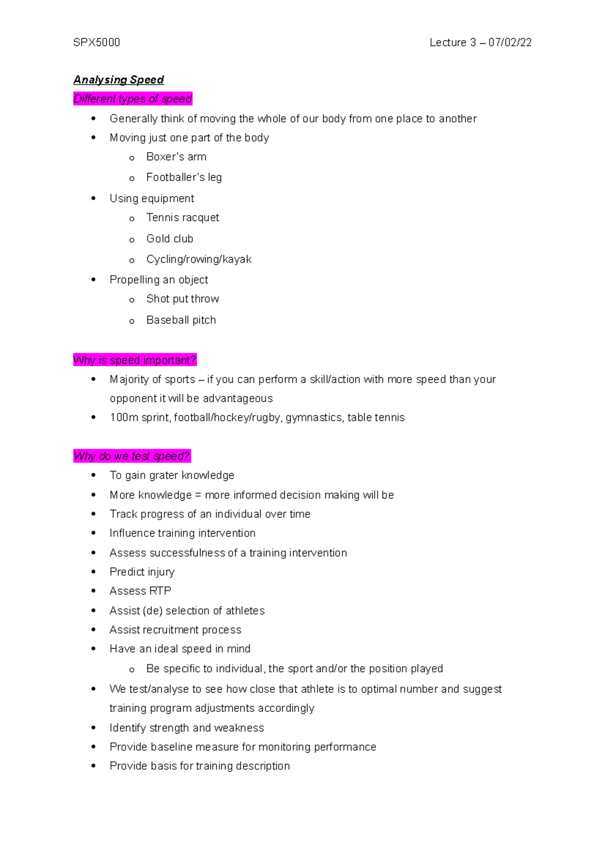 Lecture 3 - Analysing Speed - SPX5000 Lecture 3 – 07/02/ Analysing ...