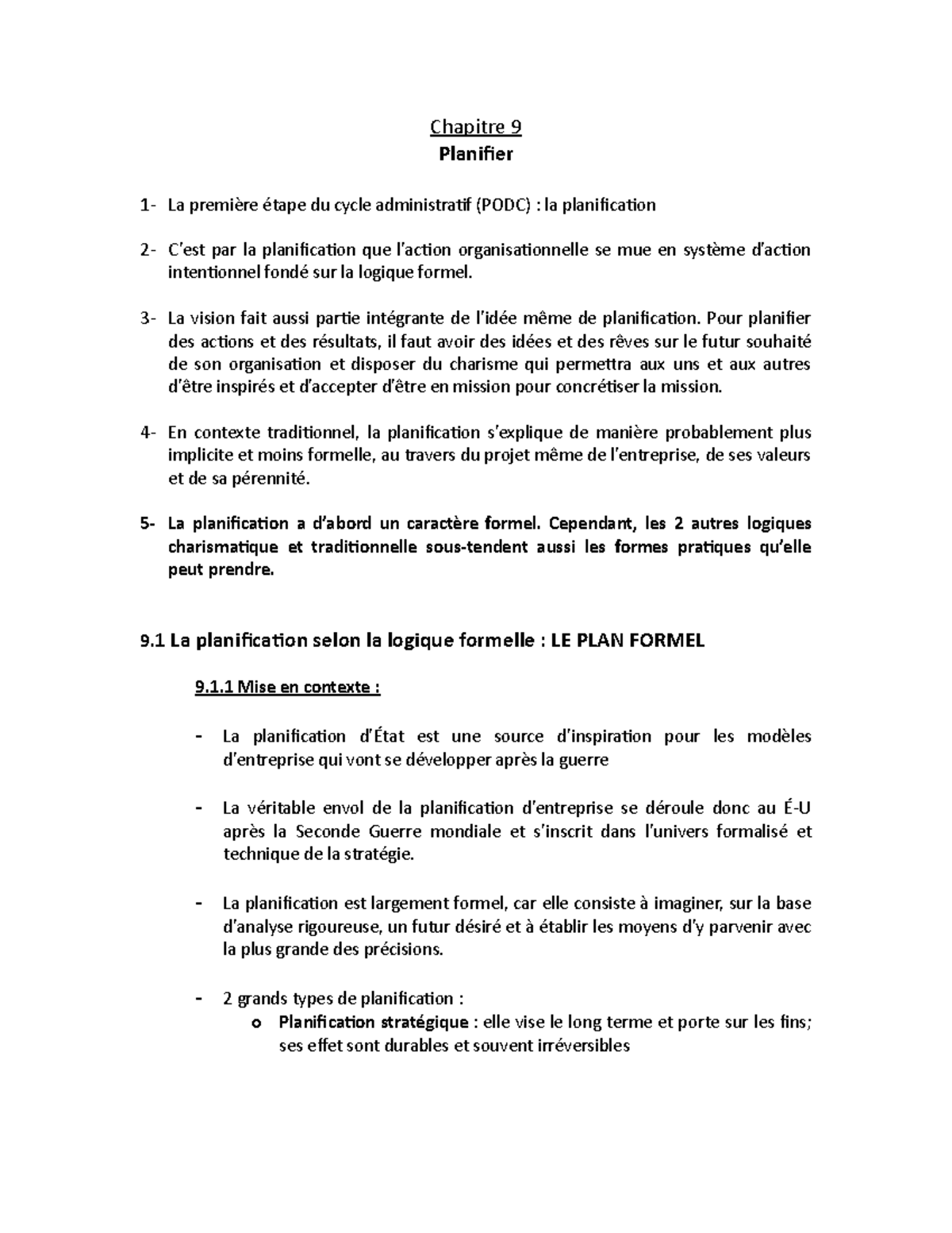 Chapitre 9: planification - Chapitre 9 Planifier 1- La première étape ...