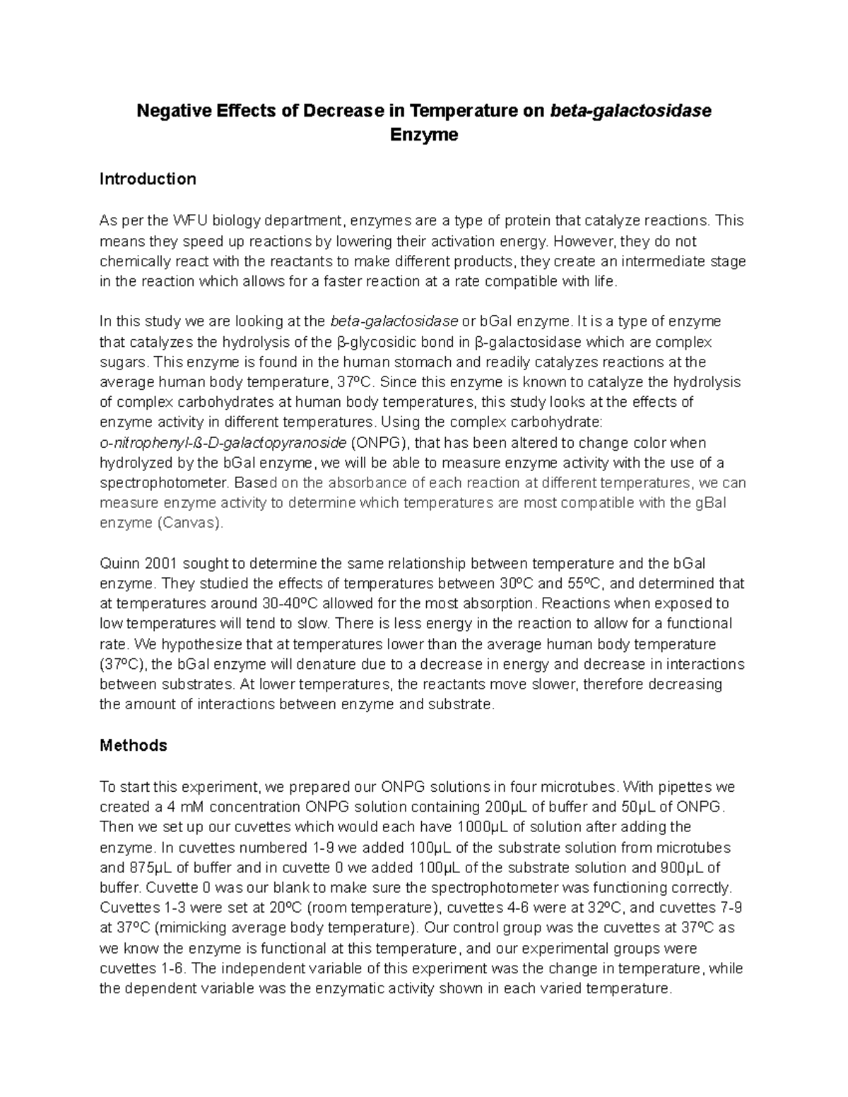 Bio 150 Lab Report 2 Negative Effects of Decrease in Temperature on betagalactosidase Enzyme