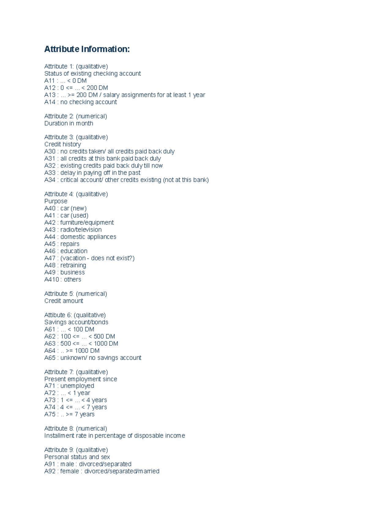 Data Definition germancredit - Attribute Information: Attribute 1 ...