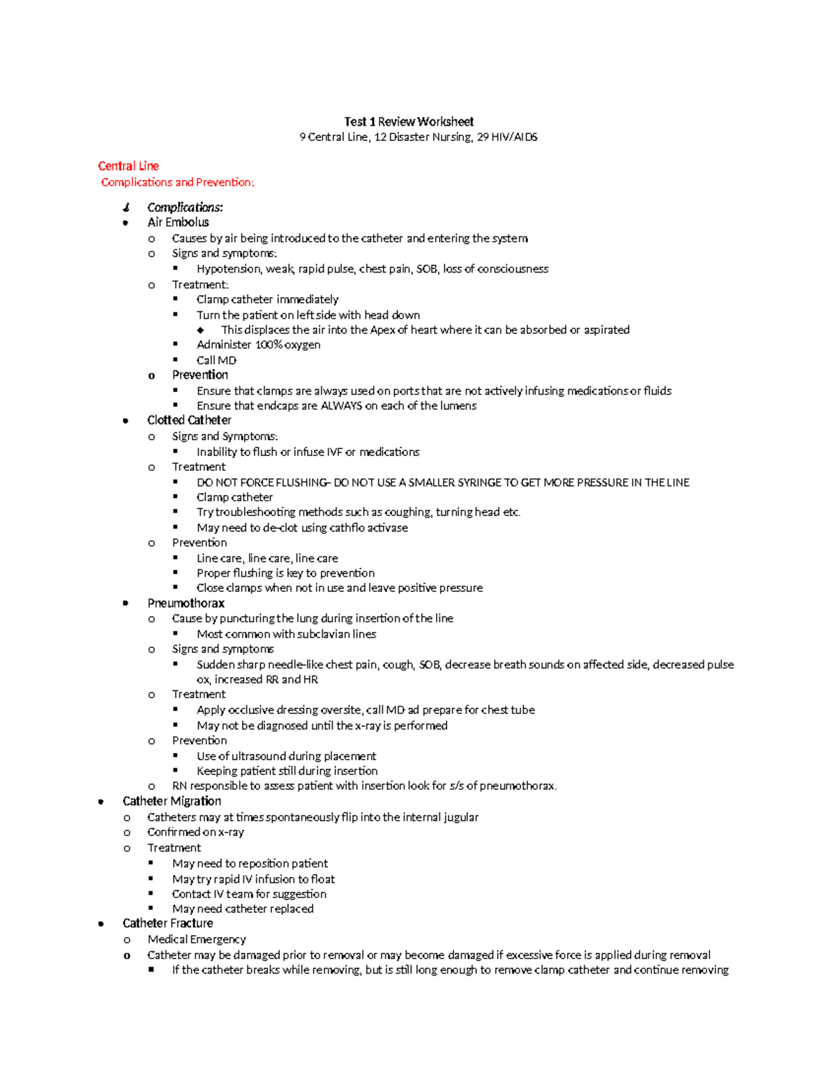 Exam 1 N215 - N215 breakdown - Test 1 Review Worksheet 9 Central Line ...